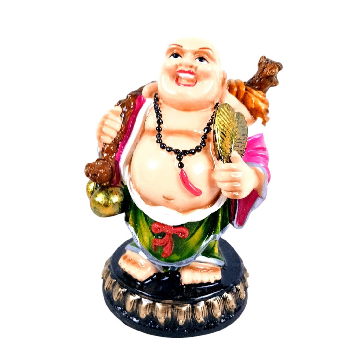 Laughing Buddha Statue with Fan | Buddha Showpiece with Money Bag for Wealth | For Home, Table & Office Decor & Gift - Protect From negative energy & problems - 6 Inch - Apkamart