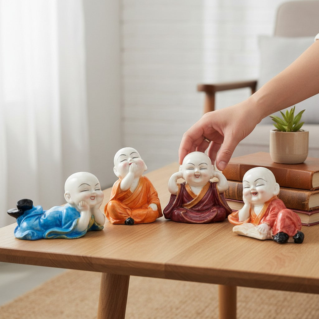 Baby Monk Laughing Buddha Showpiece | Cute Buddha for Home Decor & Office Decor | Decorative Figurine for Living Room, Table & Gifting - (pack Of 4) - Apkamart