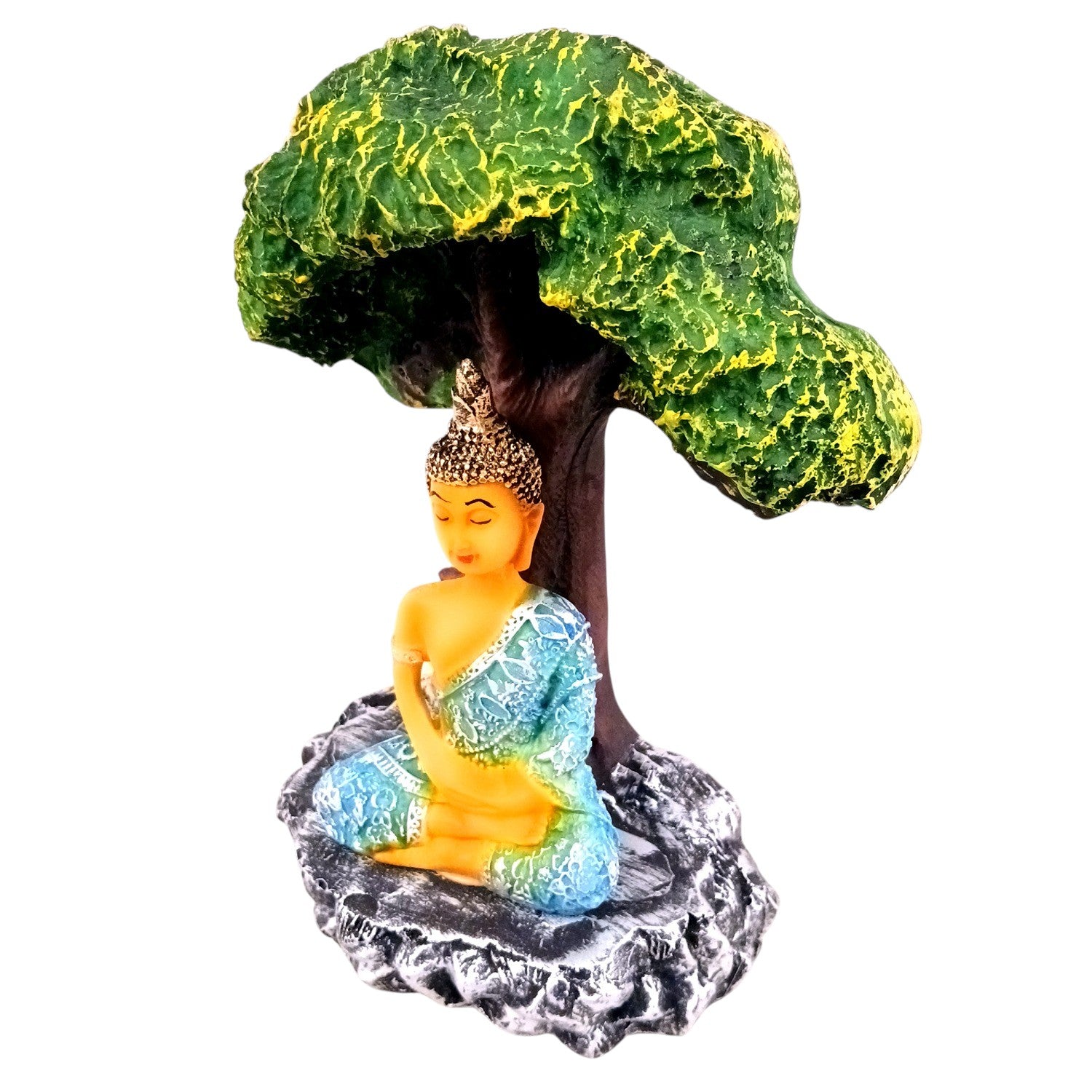 Buddha Statue | Lord Gautam Buddha in Meditation Under Tree Idol Showpiece | Good Luck, Money, Health and Prosperity - For Living room, Home, Table, Decor & Gift - 9 Inch - Apkamart