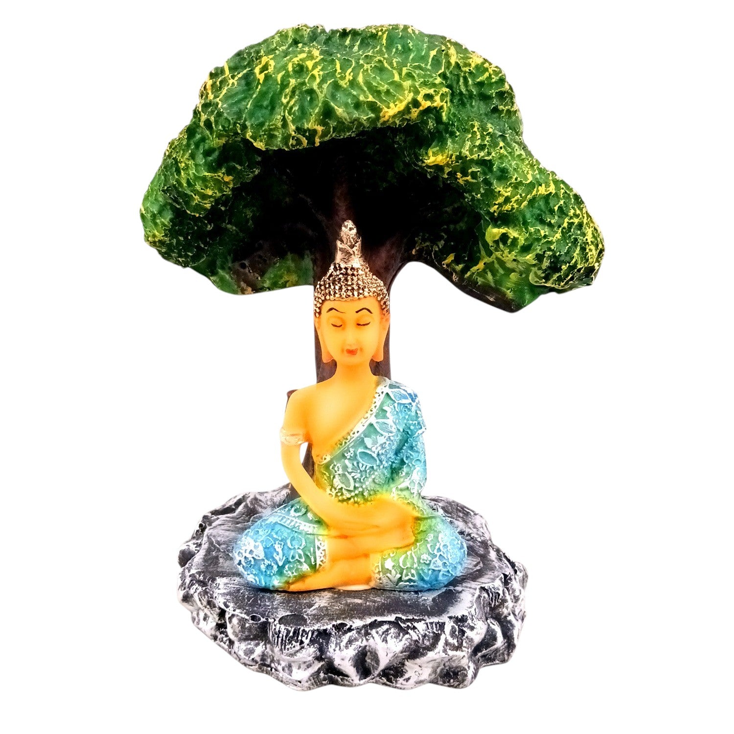 Buddha Statue | Lord Gautam Buddha in Meditation Under Tree Idol Showpiece | Good Luck, Money, Health and Prosperity - For Living room, Home, Table, Decor & Gift - 9 Inch - Apkamart