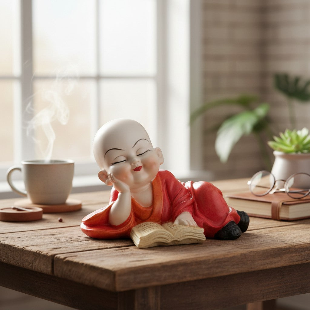 Baby Monk Laughing Buddha Showpiece | Cute Buddha for Home Decor & Office Decor | Decorative Figurine for Living Room, Table & Gifting - 6 Inch - Apkamart