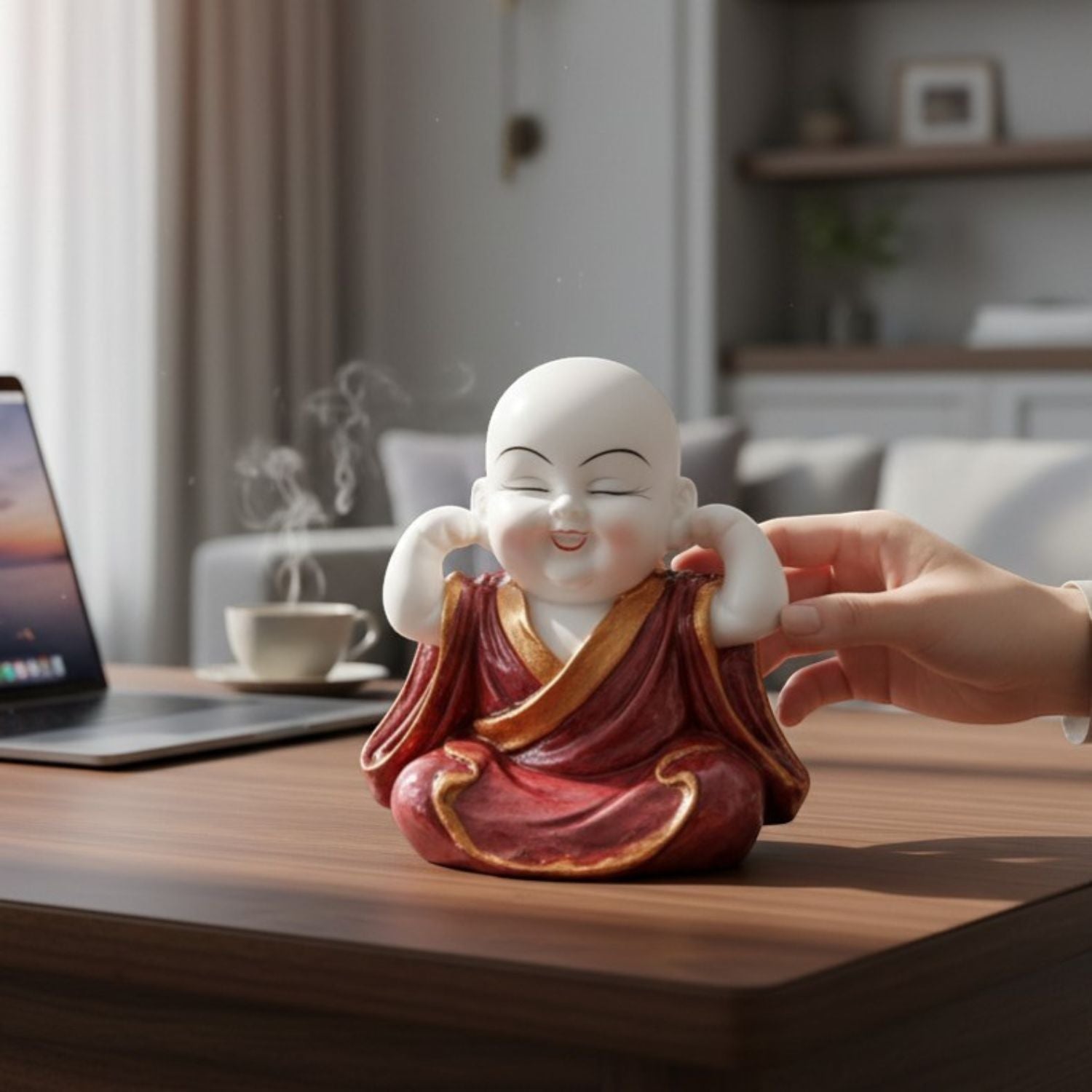 Baby Monk Laughing Buddha Showpiece | Cute Buddha for Home Decor & Office Decor | Decorative Figurine for Living Room, Table & Gifting - 5 Inch - Apkamart