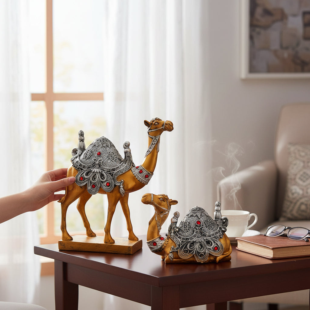 Camel Showpiece Set | Sitting & Standing Camel Statue for Home Décor & Vastu | Decorative Animal Figurines for Living Room, Table & Gifting - (Set of 2) - Apkamart