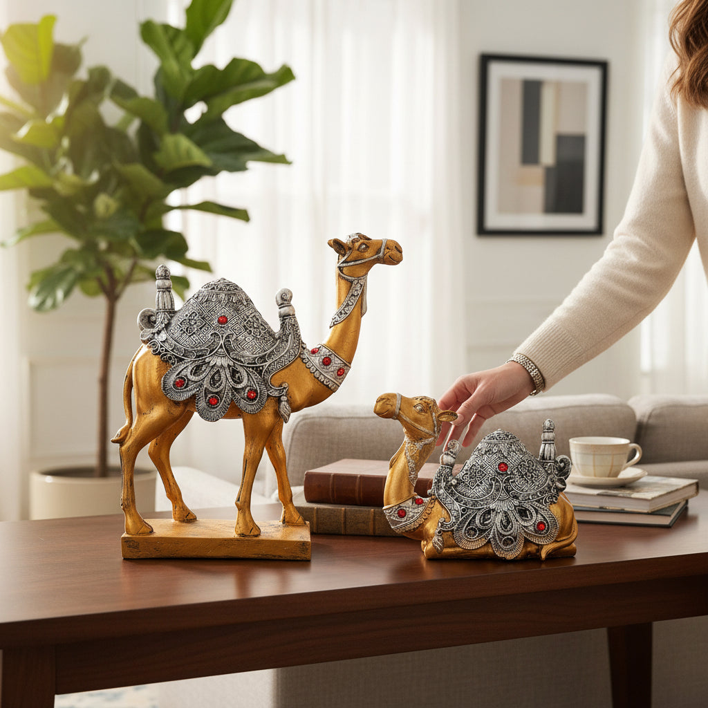 Camel Showpiece Set | Sitting & Standing Camel Statue for Home Décor & Vastu | Decorative Animal Figurines for Living Room, Table & Gifting - (Set of 2) - Apkamart