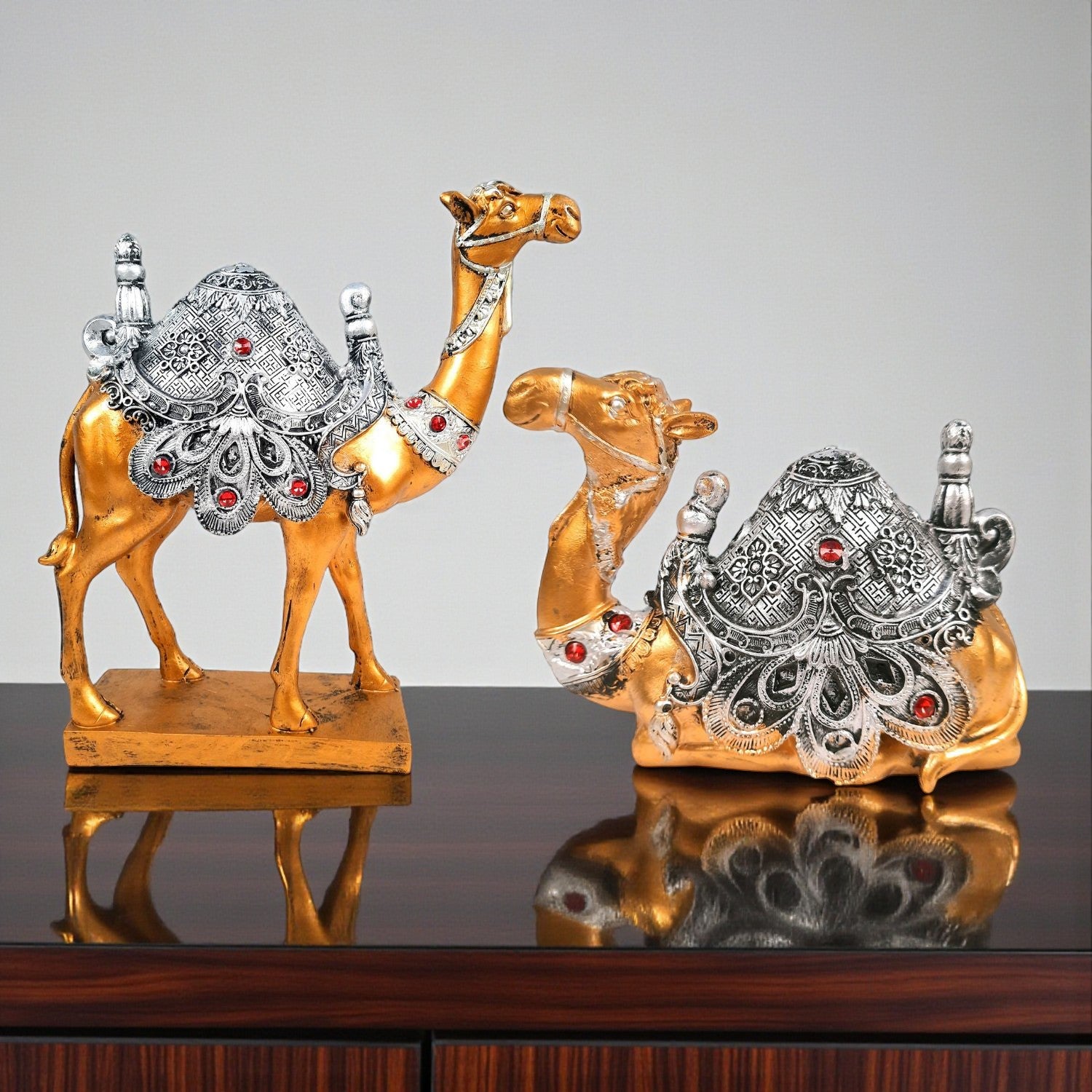 Camel Showpiece Set | Sitting & Standing Camel Statue for Home Décor & Vastu | Decorative Animal Figurines for Living Room, Table & Gifting - (Set of 2) - Apkamart