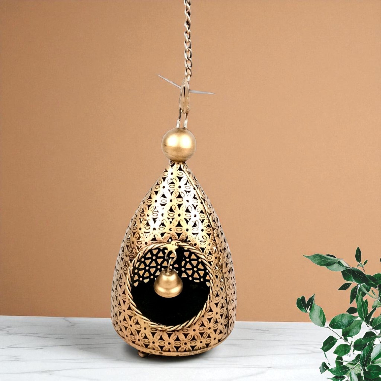 Hanging Tea Light Candle Holder | Decorative Hanging Lantern with Cutwork Design – Shadow Effect Candle Stand for Home Decor, Living Room & Festive Decoration,Diwali - 21 Inch - Apkamart