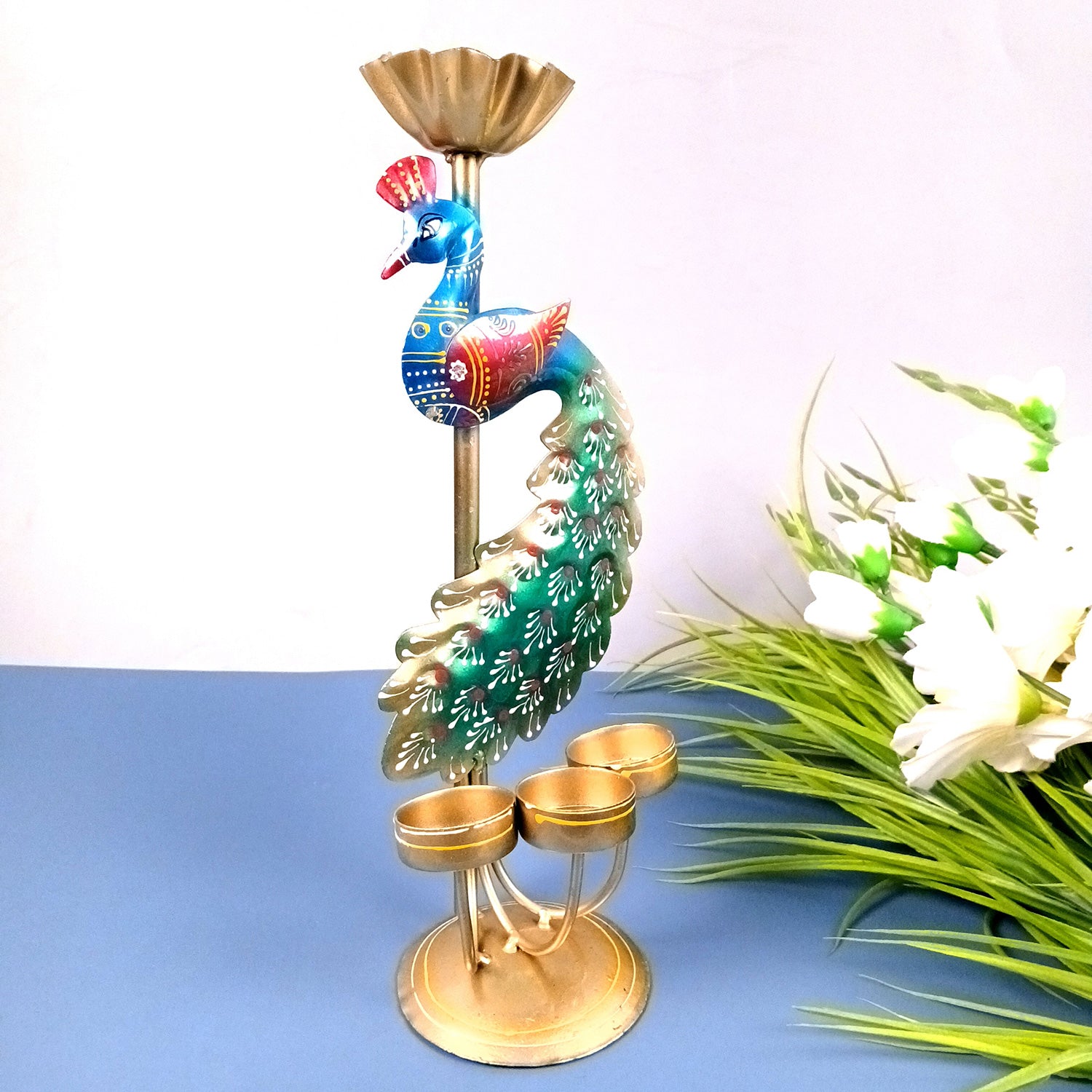 Peacock Tea Light Candle Holder | Candle Holders Stand with 4 Slots - for Home, Table, Living Room, Dining Room, Bedroom Decor | for Diwali Decoration & Gifts - 13 Inch - Apkamart