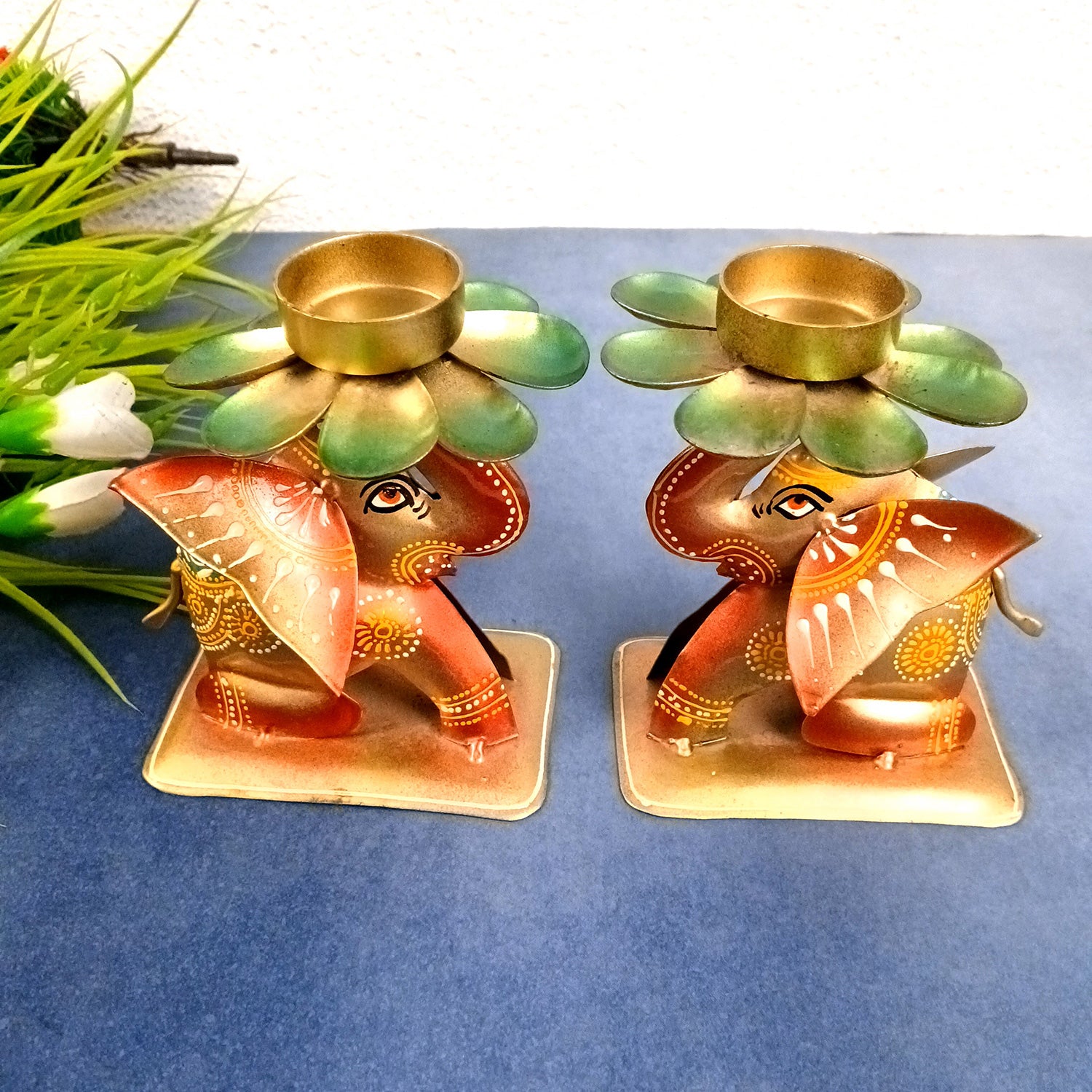 Elephant Tea Light Stand Showpiece | Decorative Candle Tealight Holder - for Home, Table, Living Room Decor | for Festival Decoration & Gifts  - 6 Inch (Pack of 2) - Apkamart