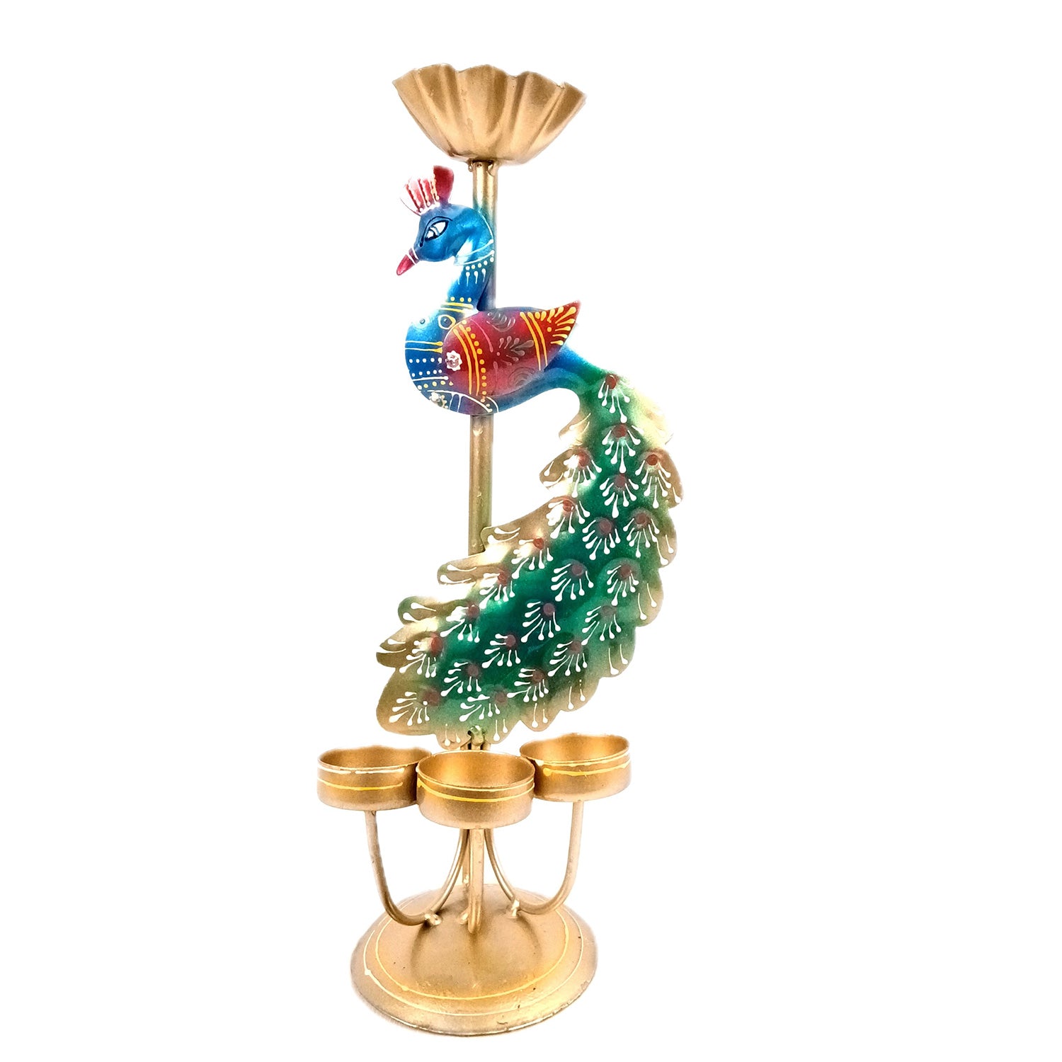 Peacock Tea Light Candle Holder | Candle Holders Stand with 4 Slots - for Home, Table, Living Room, Dining Room, Bedroom Decor | for Diwali Decoration & Gifts - 13 Inch - Apkamart