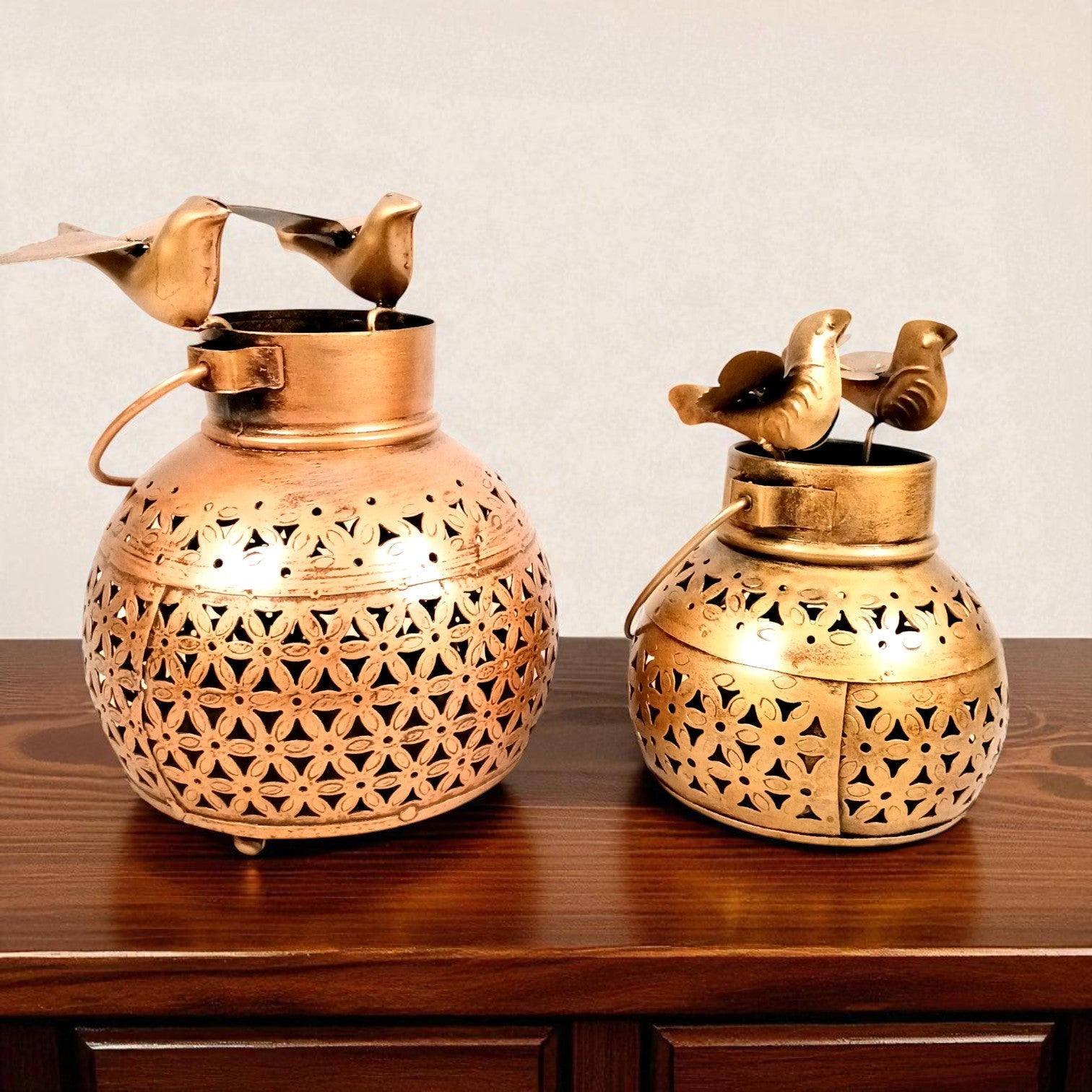 Decorative Hanging Tea Light Lantern with Cutwork Design | Shadow Effect Candle Stand for Home, Living Room & Festive Decoration- Candle Holder Combo – 9 Inch (Set Of 2) - Apkamart