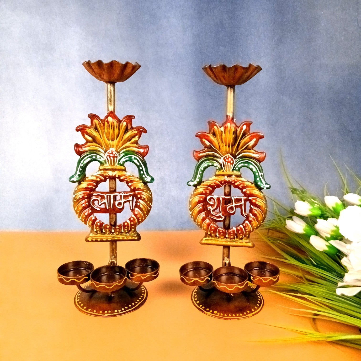 Candle Holder Shubh & Labh Combo | Decorative Tealight Holders for Home Decor | Festival Candle Stand for Living Room, Puja Room & Gifting - 12 Inch (Set of 2) - Apkamart