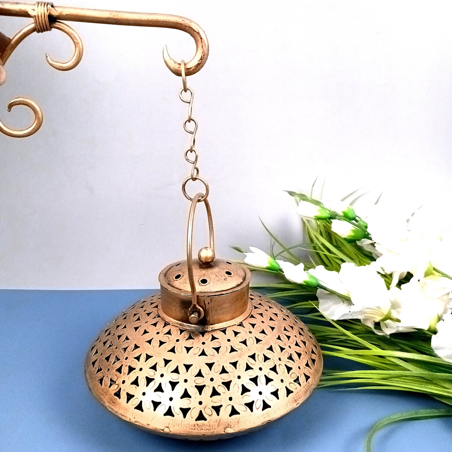 TeaLight Holder with Wall Hook - Degchi Design | Antique Dhoop Dani / Pot - Incense Holder - For Home Decor, Table, Living Room, Dining room, Bedroom Decor, Diwali - 12 Inch - Apkamart