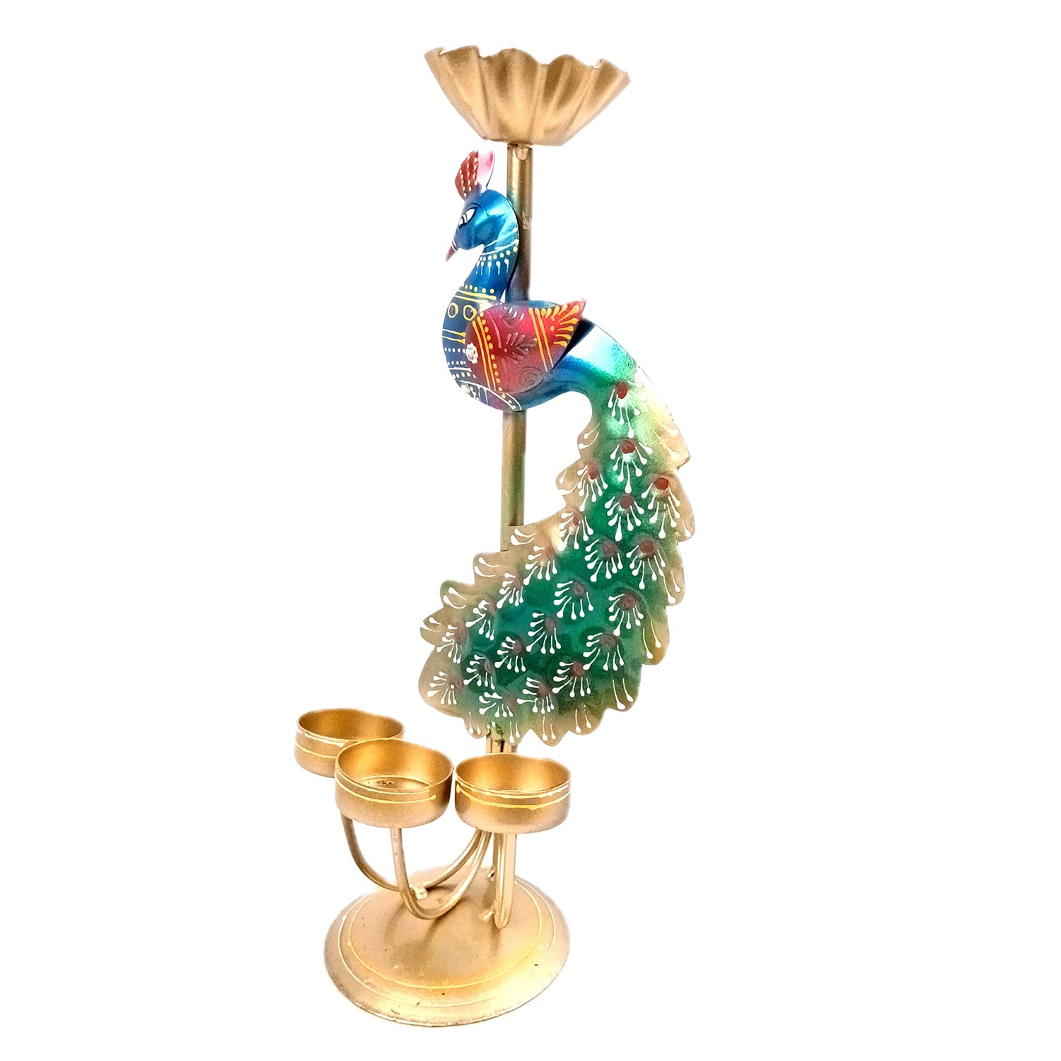 Peacock Tea Light Candle Holder | Candle Holders Stand with 4 Slots - for Home, Table, Living Room, Dining Room, Bedroom Decor | for Diwali Decoration & Gifts - 13 Inch - Apkamart