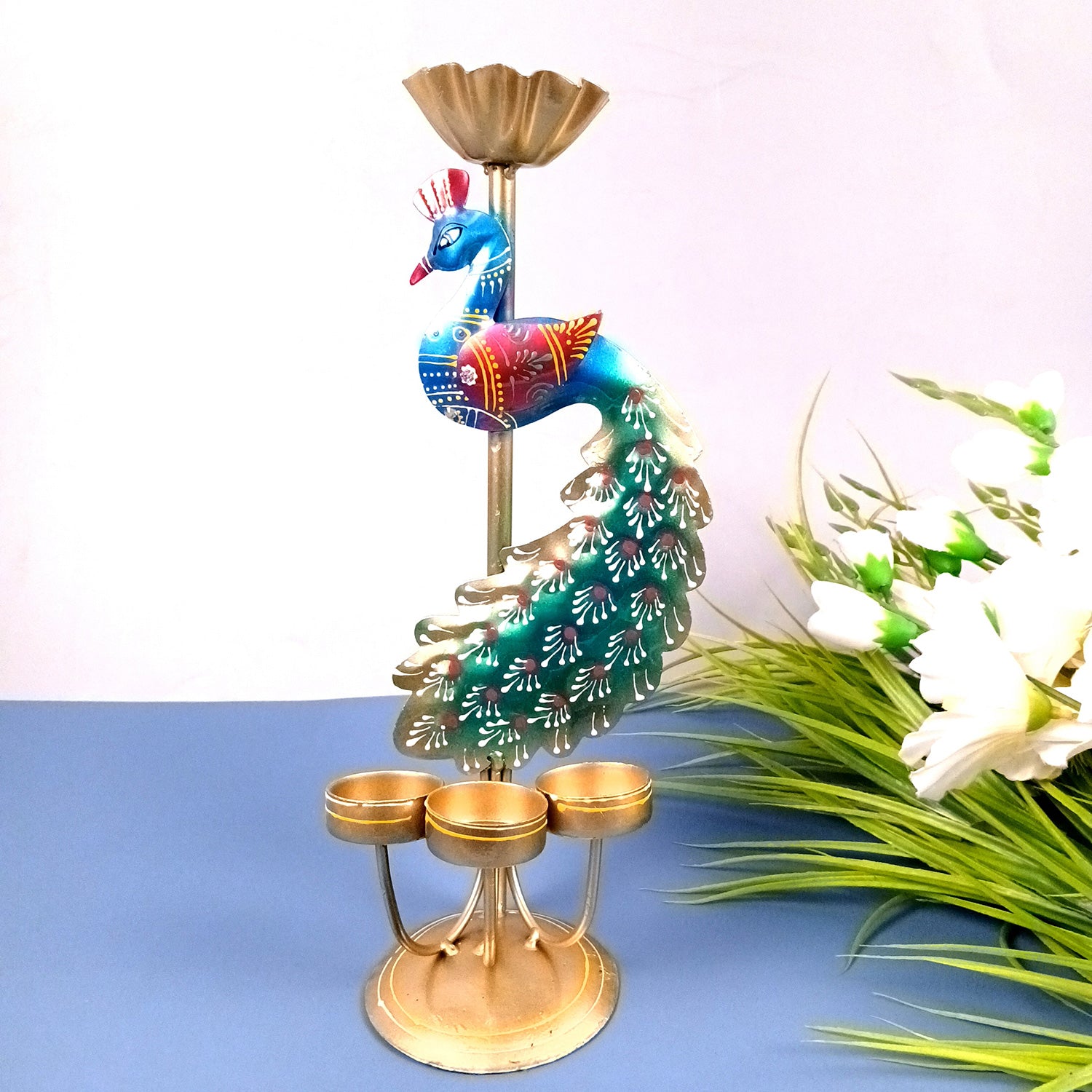 Peacock Tea Light Candle Holder | Candle Holders Stand with 4 Slots - for Home, Table, Living Room, Dining Room, Bedroom Decor | for Diwali Decoration & Gifts - 13 Inch - Apkamart