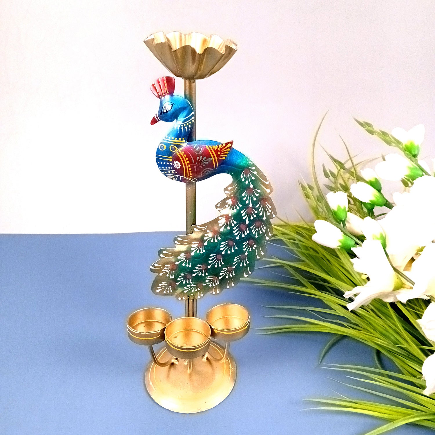 Peacock Tea Light Candle Holder | Candle Holders Stand with 4 Slots - for Home, Table, Living Room, Dining Room, Bedroom Decor | for Diwali Decoration & Gifts - 13 Inch - Apkamart