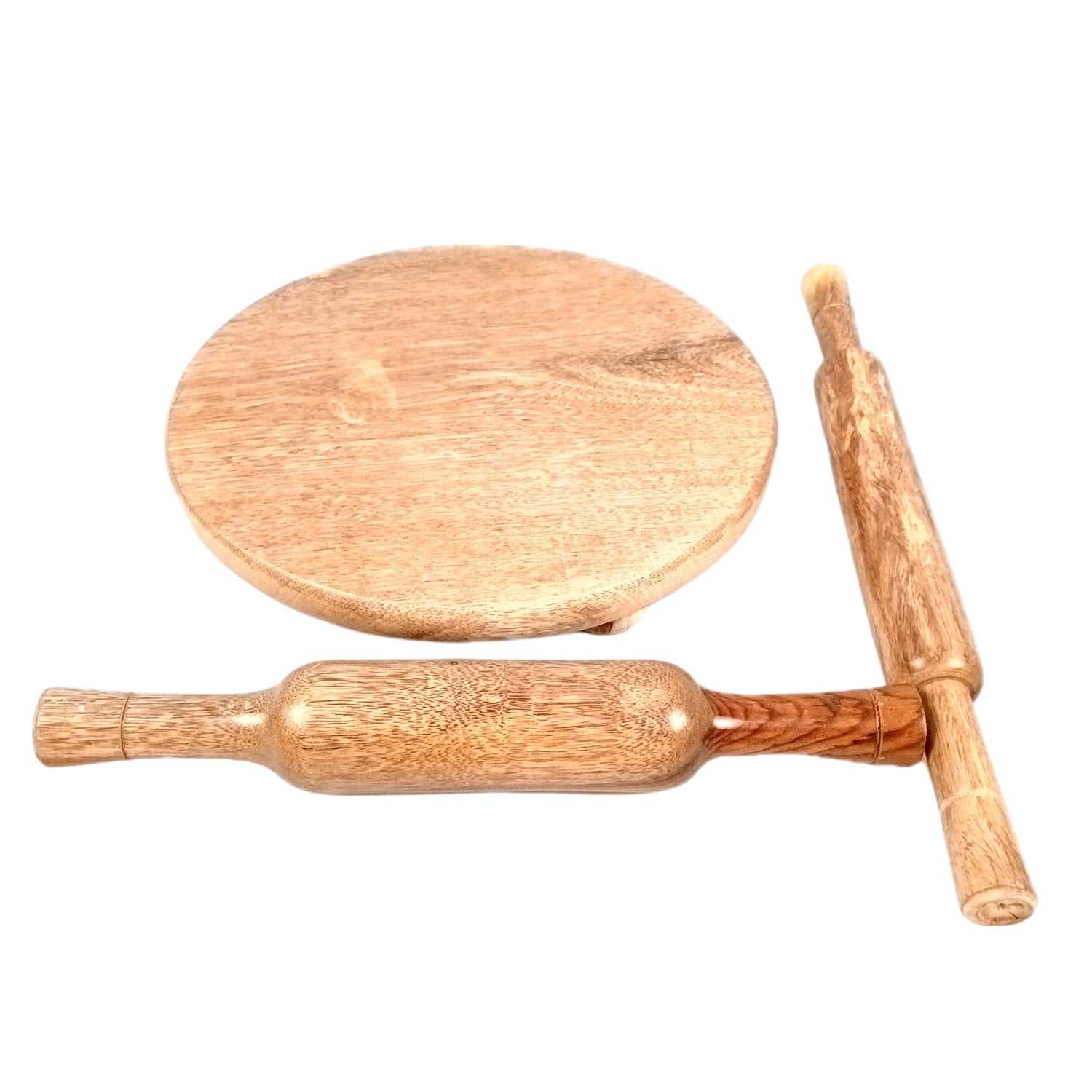 Wooden Chakla With Two Belan Set | Premium Solid Sheesham Wood Roti Rolling Board With Thick & Thin Rolling Pin | Round Polpat-Roti Roller - for Home & Kitchen - 10 Inch (Pack of 3) - Apkamart