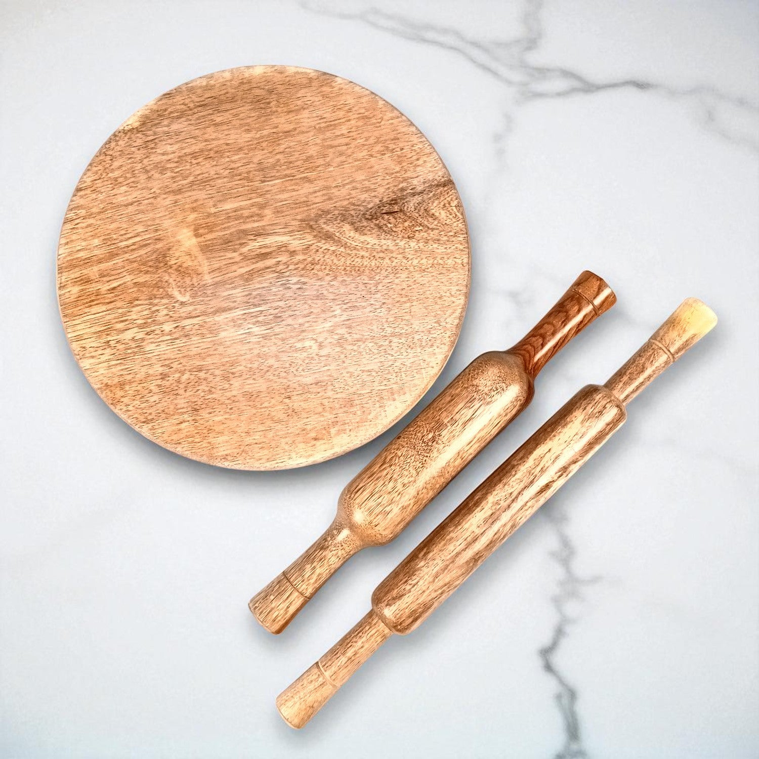 Wooden Chakla With Two Belan Set | Premium Solid Sheesham Wood Roti Rolling Board With Thick & Thin Rolling Pin | Round Polpat-Roti Roller - for Home & Kitchen - 10 Inch (Pack of 3) - Apkamart