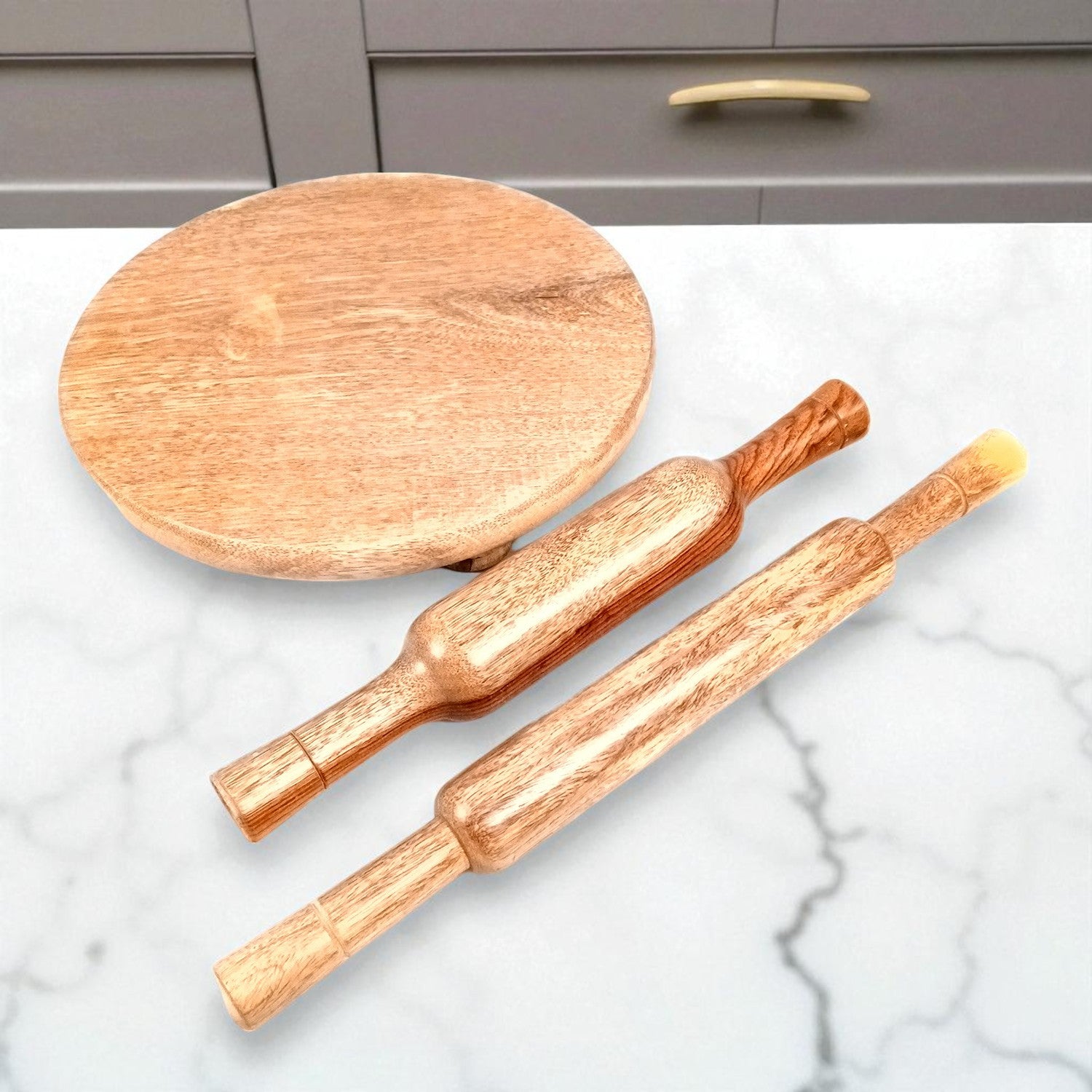 Wooden Chakla With Two Belan Set | Premium Solid Sheesham Wood Roti Rolling Board With Thick & Thin Rolling Pin | Round Polpat-Roti Roller - for Home & Kitchen - 10 Inch (Pack of 3) - Apkamart