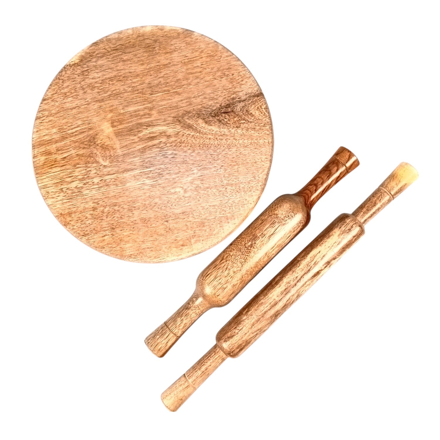 Wooden Chakla With Two Belan Set | Premium Solid Sheesham Wood Roti Rolling Board With Thick & Thin Rolling Pin | Round Polpat-Roti Roller - for Home & Kitchen - 10 Inch (Pack of 3) - Apkamart