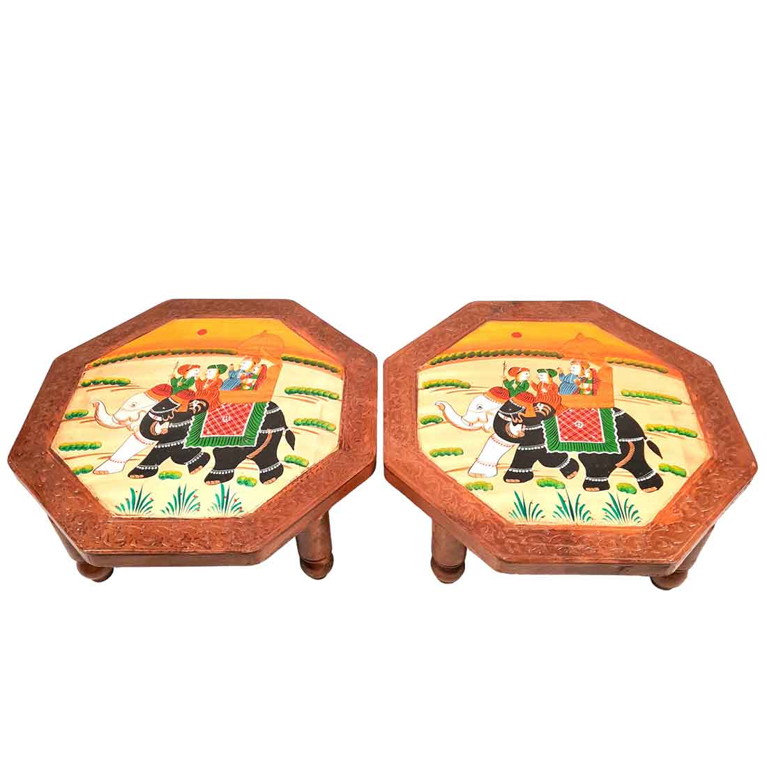 Wooden Bajot - Chauki For Sitting & Home Decor -15 Inch - Apkamart #Style_Pack of 2