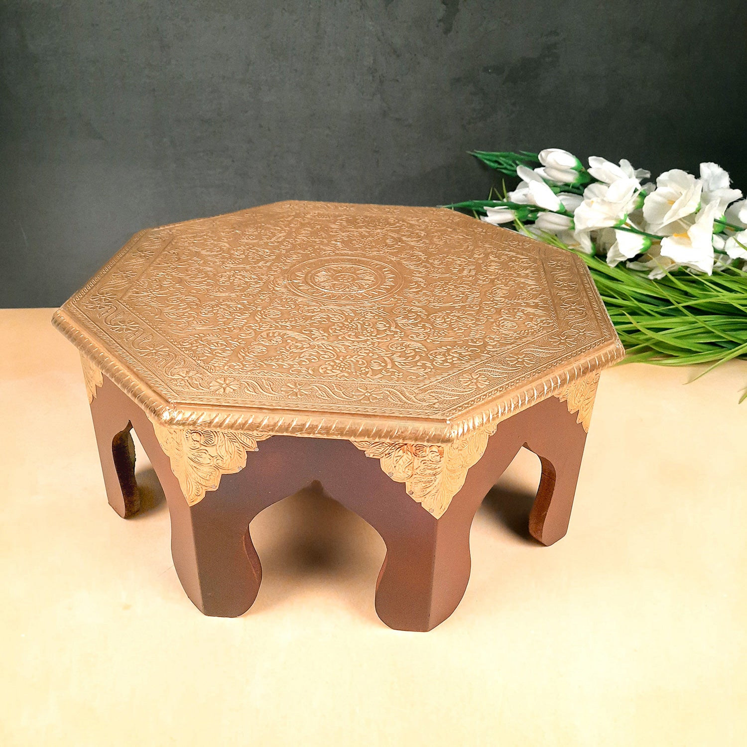 Puja Chowki Bajot | Wooden Brass Chauki - For Puja, Living Room, Home & Corner Decor - 15 Inch - apkamart