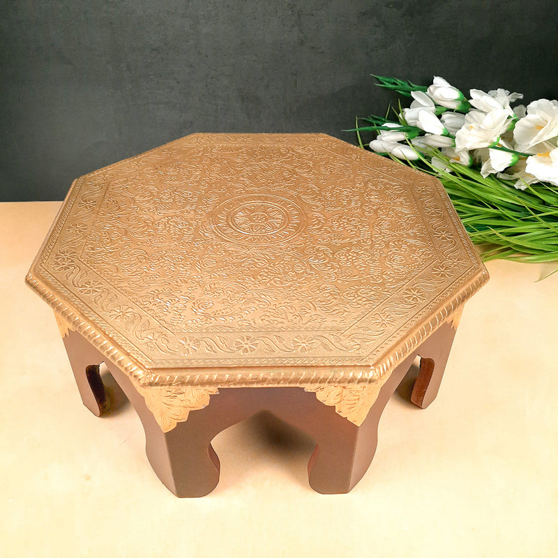 Puja Chowki Bajot | Wooden Brass Chauki - For Puja, Living Room, Home & Corner Decor - 15 Inch - apkamart