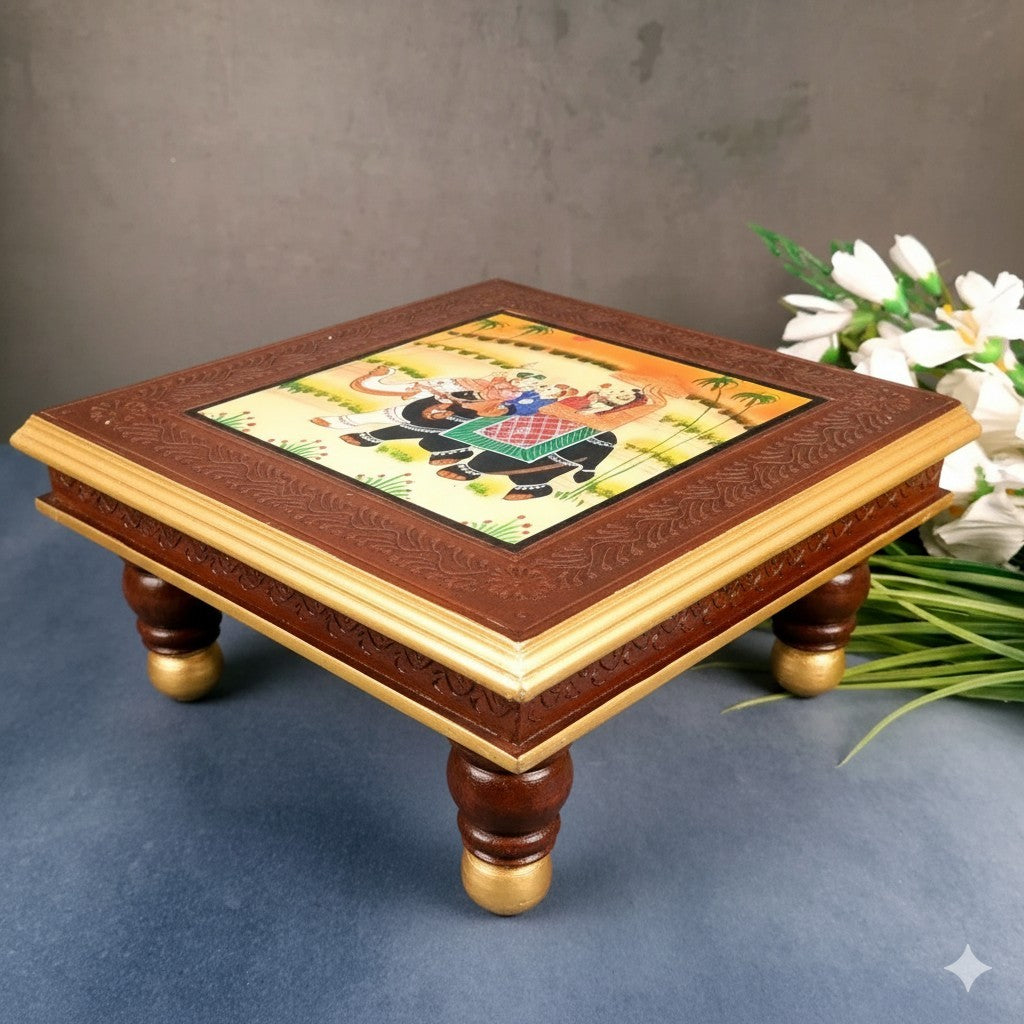 Chowki for Pooja | Handcrafted Wooden Platform for Temple, Home & Spiritual Decor | Traditional Decorative Bajot Patla for Idols & Festive Use - 16 Inch - Apkamart