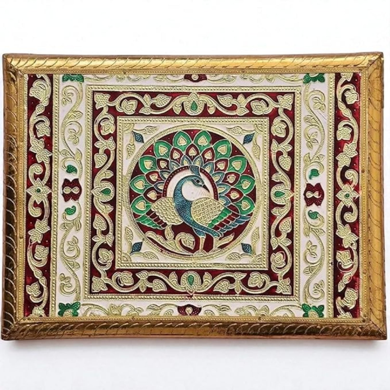 Meenakari Puja Chowki Bajot | Wooden Patla/Peeta for God Idols | Decorative Pooja Chauki for Mandir, Living Room | Traditional Handcrafted Pooja Stool - 14 Inch - Apkamart