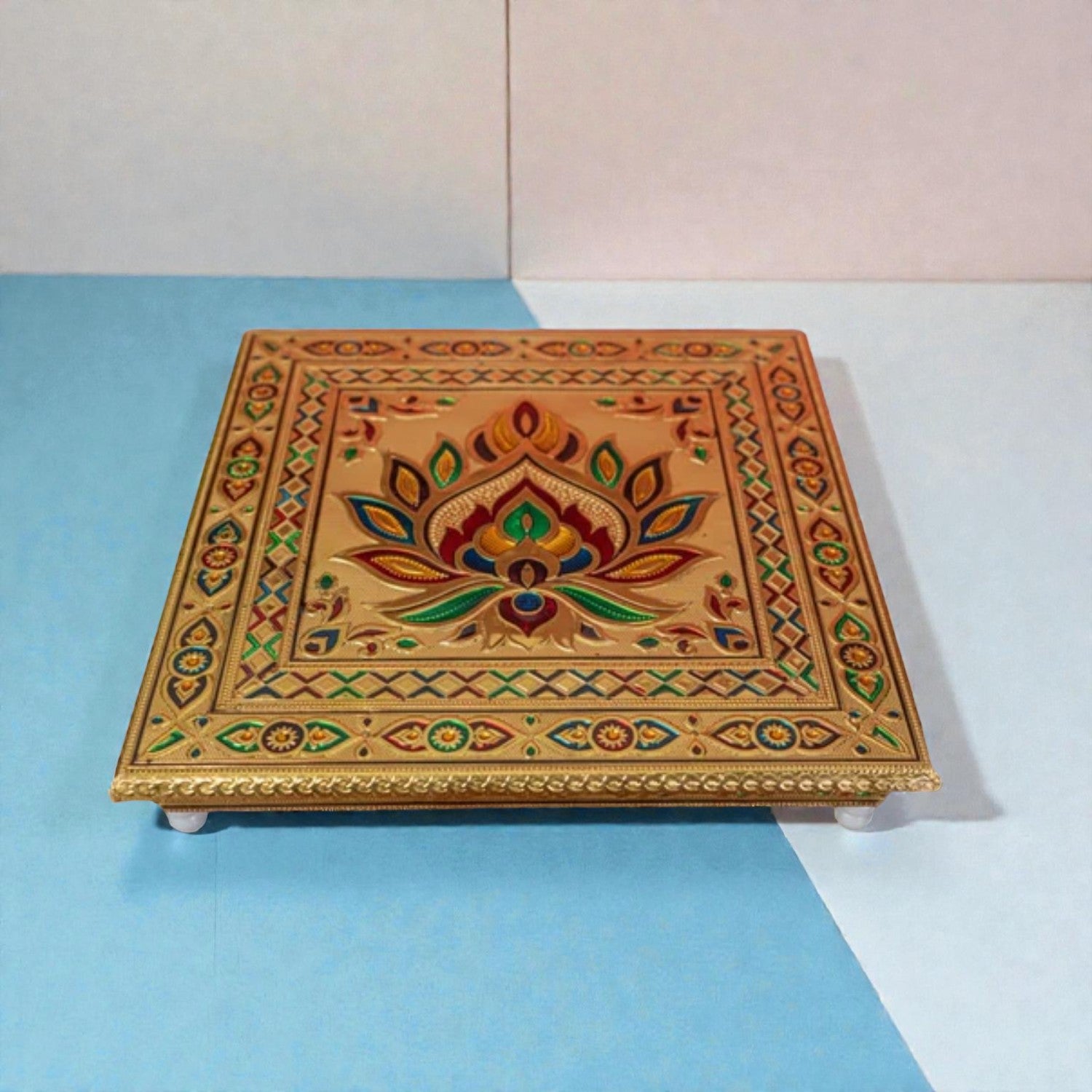 Puja Chowki Bajot Wooden | Wooden Meenakari Pooja Peeta Table | Stool / Aasan for God Idols - for Festivals, Home, living Room, Corner, Mandir Decoration & Gifts - 12 Inch - Apkamart