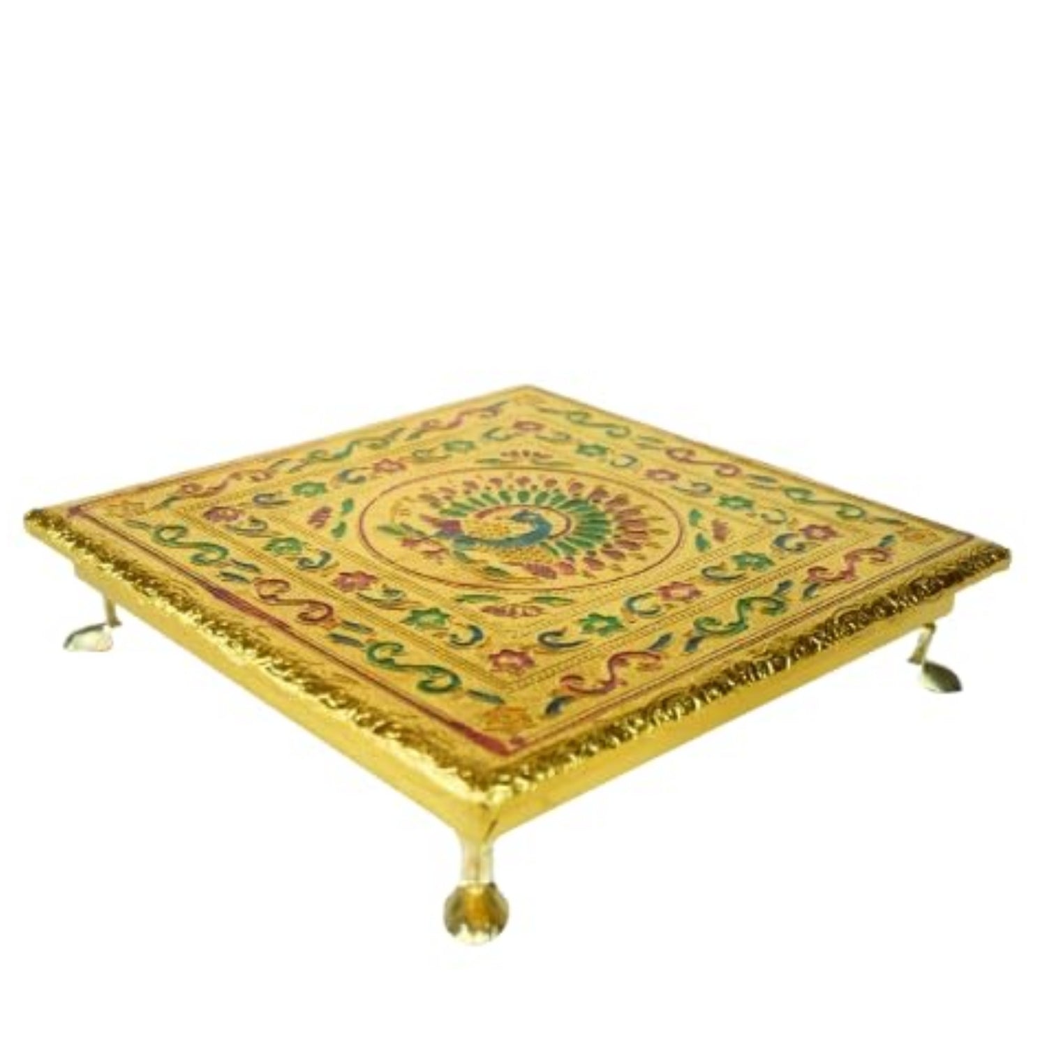 Puja Meenakari Chowki Bajot | Wooden Chauki for Sitting | Pooja Peeta / Patla for God Idols | Mandir Stand for Home Temple, Living Room, Corner Decoration & Gift Use - 10 Inch