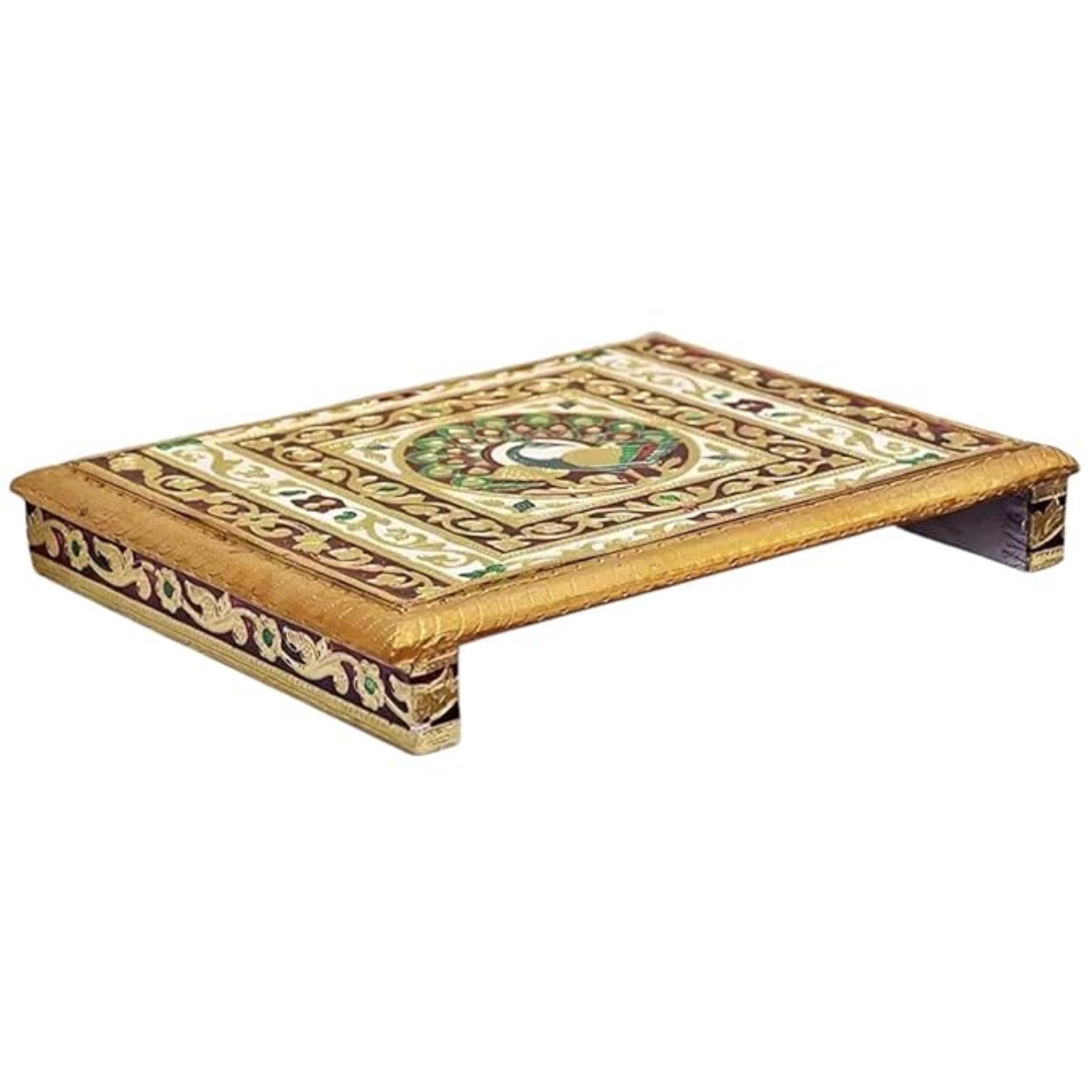 Meenakari Puja Chowki Bajot | Wooden Patla/Peeta for God Idols | Decorative Pooja Chauki for Mandir, Living Room | Traditional Handcrafted Pooja Stool - 14 Inch - Apkamart
