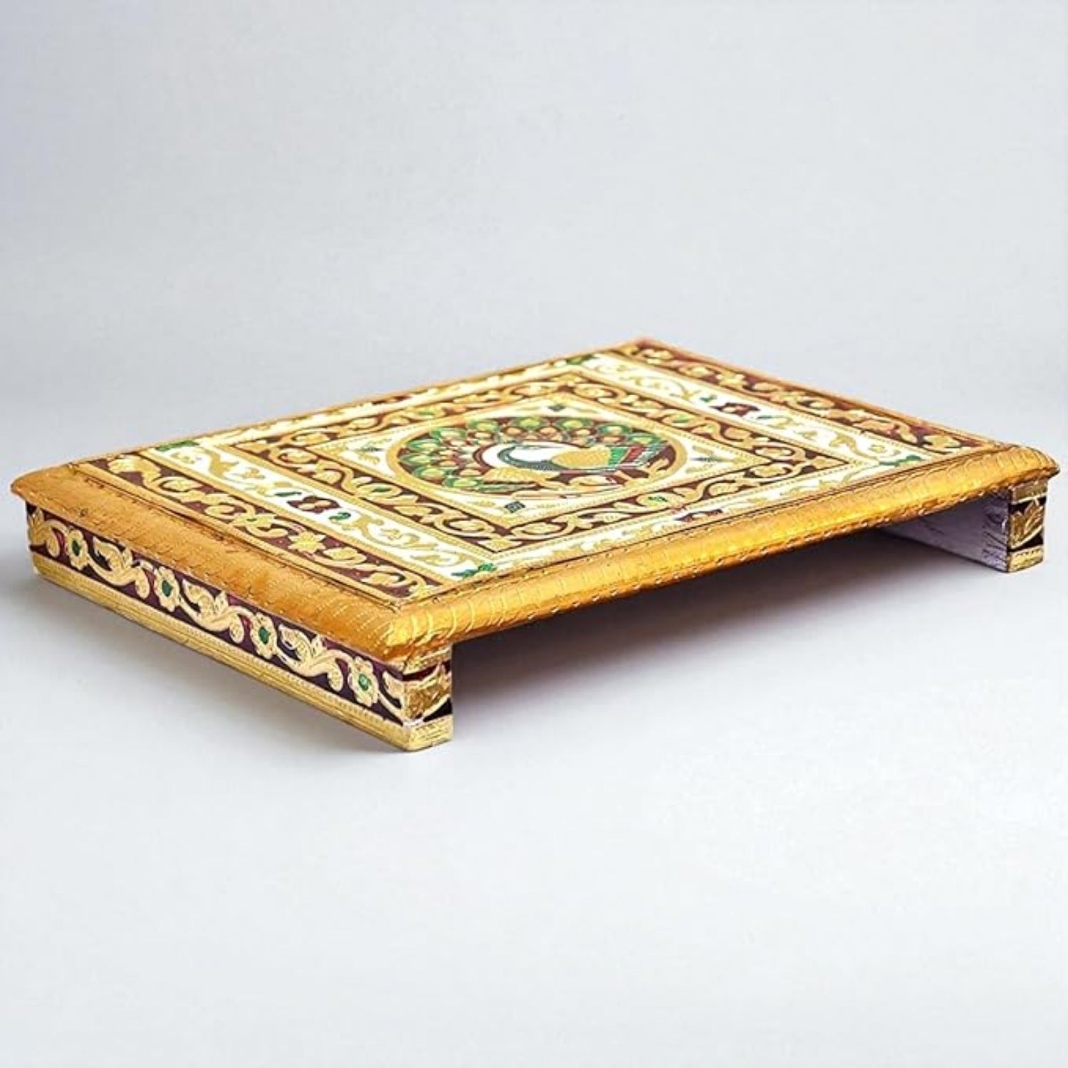 Meenakari Puja Chowki Bajot | Wooden Patla/Peeta for God Idols | Decorative Pooja Chauki for Mandir, Living Room | Traditional Handcrafted Pooja Stool - 14 Inch - Apkamart