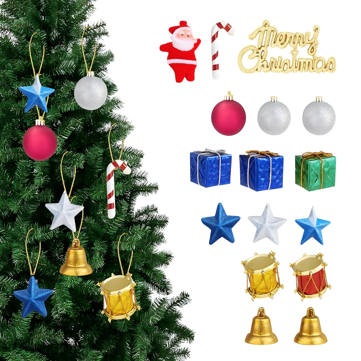 Christmas Tree Decoration Kit with Ornaments Small Gifts & Ribbons | Complete Christmas Tree Decor Set for Home Party Office - (Pack Of 2) - Apkamart