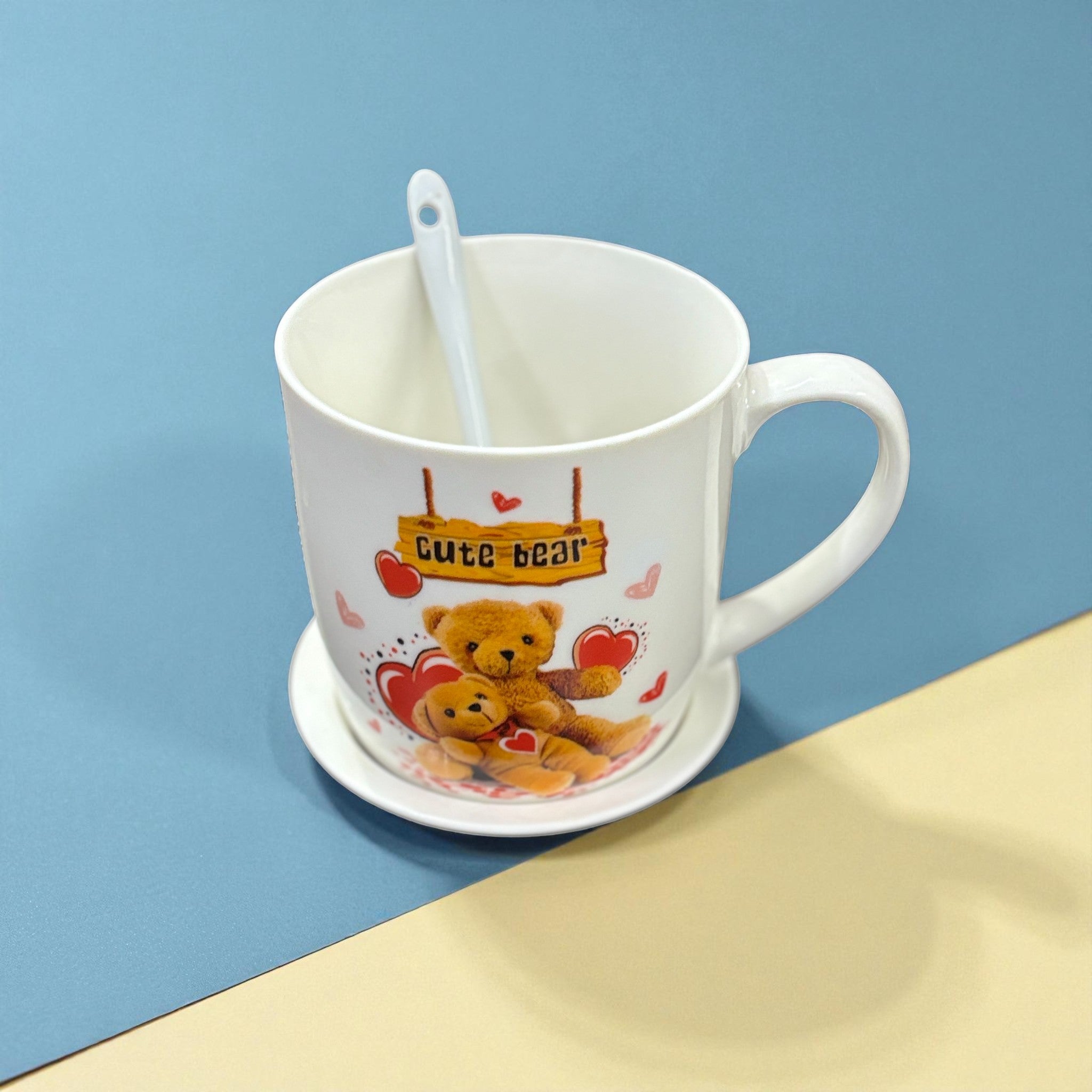 Bear Design Ceramic Coffee Mug with Spoon | Cute Ceramic Mug for Coffee, Tea & Milk | Gift for Friends, Kids & Loved Ones - 350ml - Apkamart