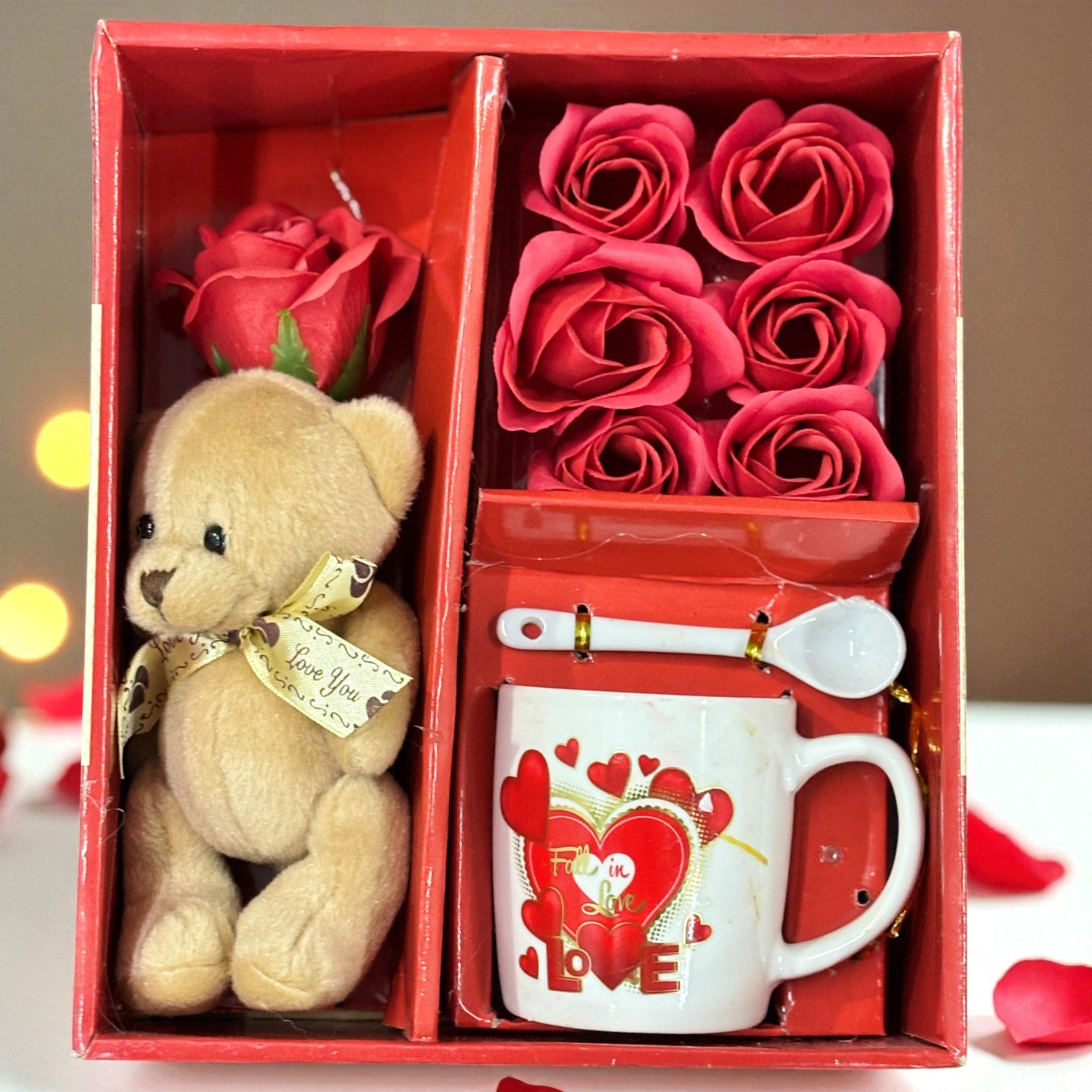 Coffee Mug, Teddy & Red Roses Combo | Valentine Gift Set for Girlfriend, Wife & Loved Ones | Romantic Gift Combo for Birthday, Anniversary & Special Occasions - 9 Inch - Apkamart