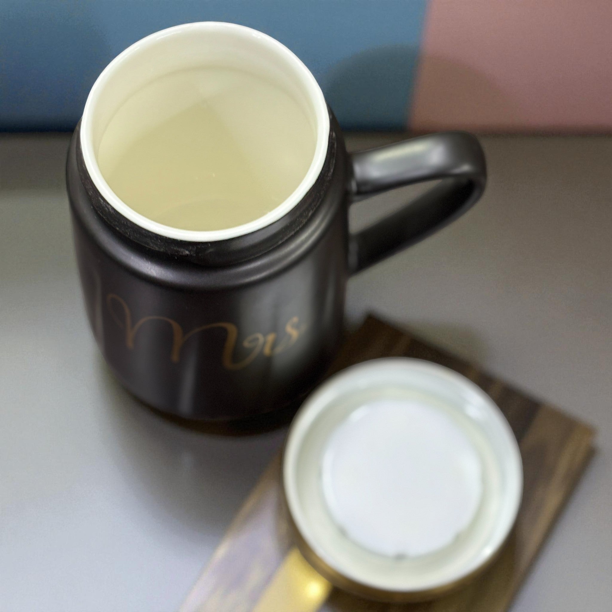 Ceramic Coffee Mug | Mr Design With Golden Lid | Premium Handcrafted Mug for Tea, Coffee & Milk | Stylish & Durable Ceramic Cup for Office, Home & Gifting - 400ml  - Apkamart