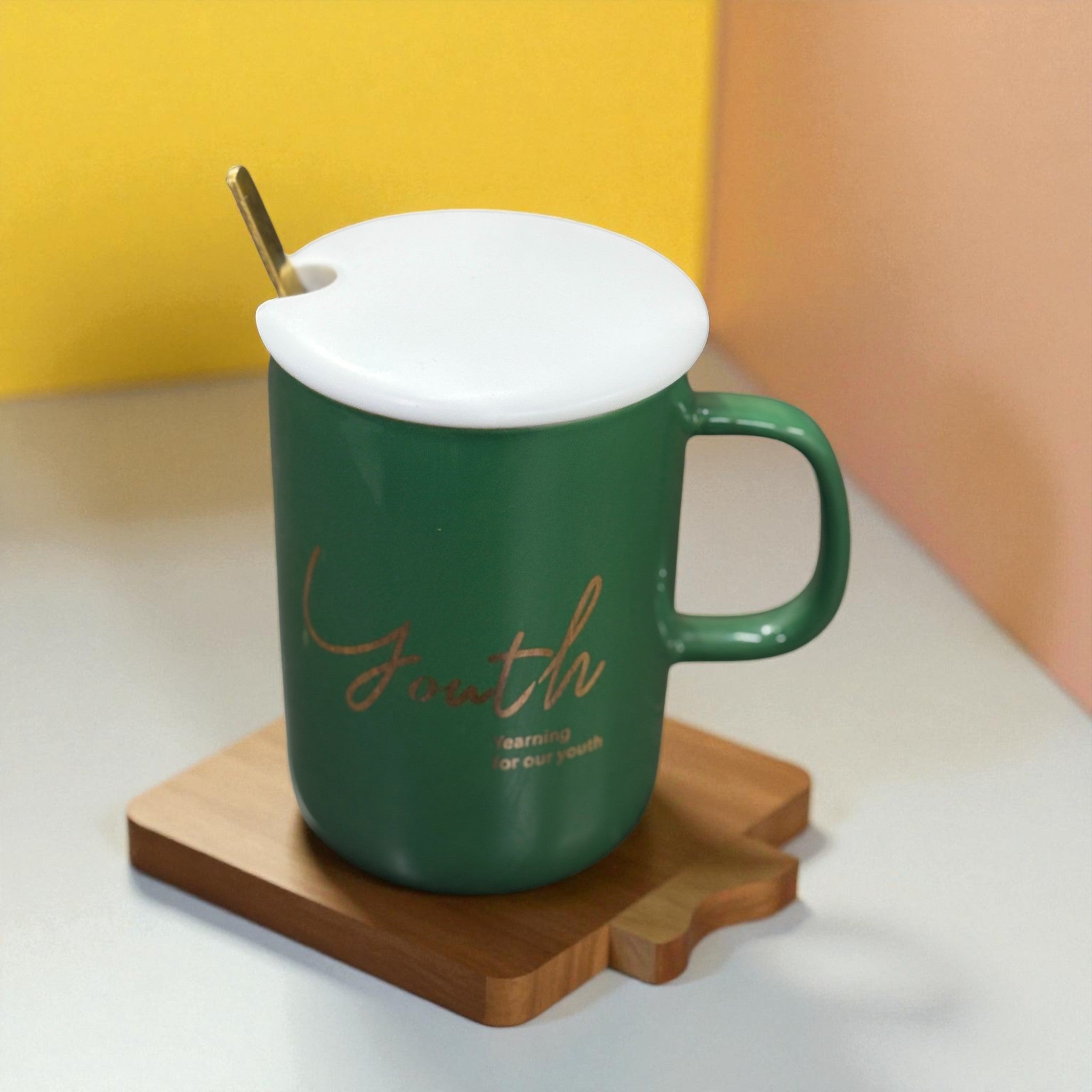 Coffee Mug with Spoon & Lid | Premium Tea & Coffee Cup Set for Home & Office | Stylish Ceramic Mug with Handle & Spoon for Hot & Cold Beverages - 400ml - Apkamart