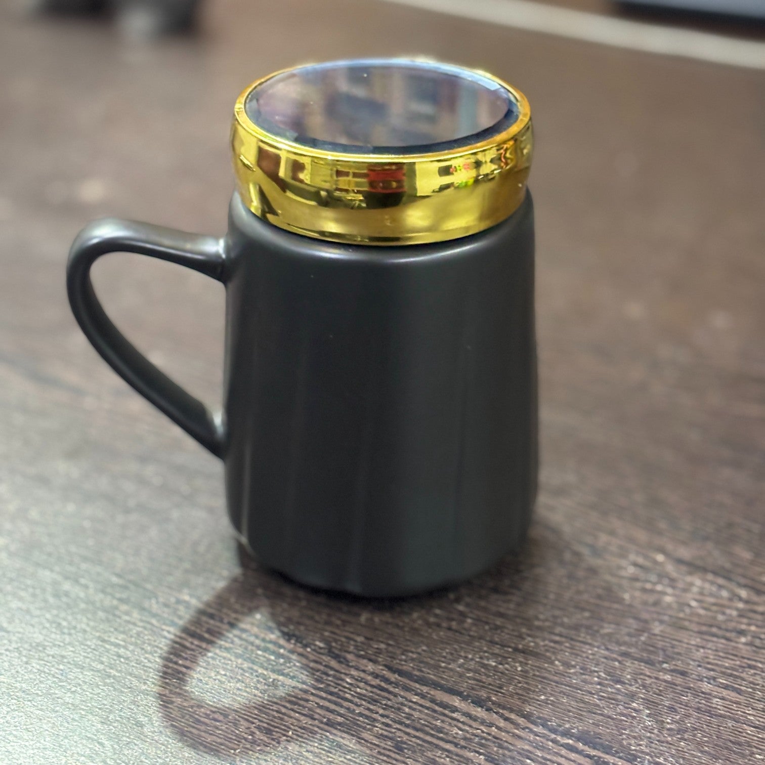 Ceramic Coffee Mug | Mr Design With Golden Lid | Premium Handcrafted Mug for Tea, Coffee & Milk | Stylish & Durable Ceramic Cup for Office, Home & Gifting - 400ml  - Apkamart