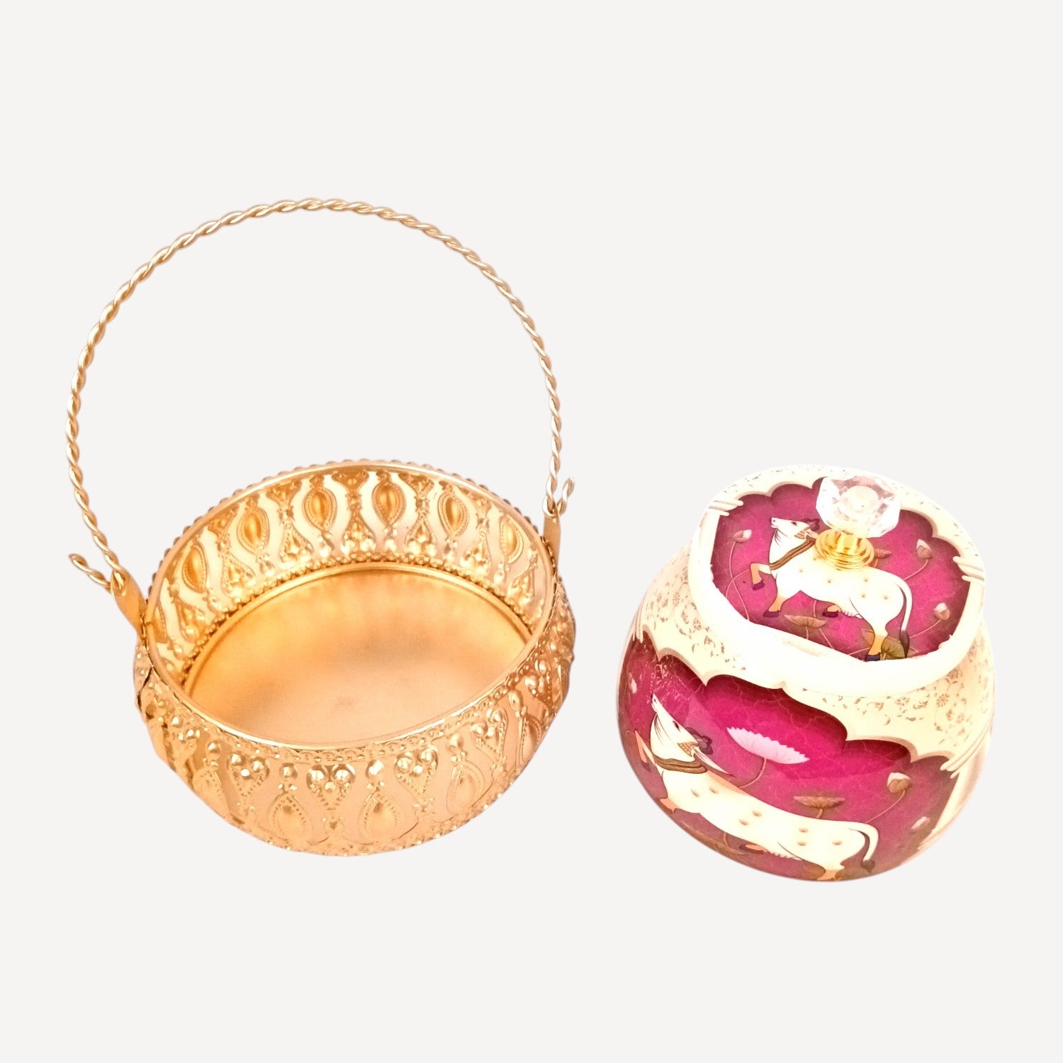 Pichvai Art Serving Bowl with Basket | Pichwai Art Handicraft Container | Decorative Showpiece Bowl for Home & Kitchen | Premium Diwali Gift - 6 Inch - Apkamart