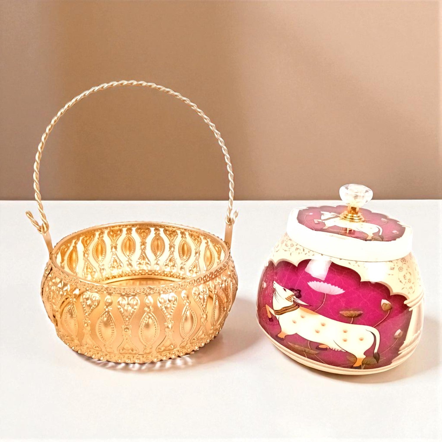 Pichvai Art Serving Bowl with Basket | Pichwai Art Handicraft Container | Decorative Showpiece Bowl for Home & Kitchen | Premium Diwali Gift - 6 Inch - Apkamart
