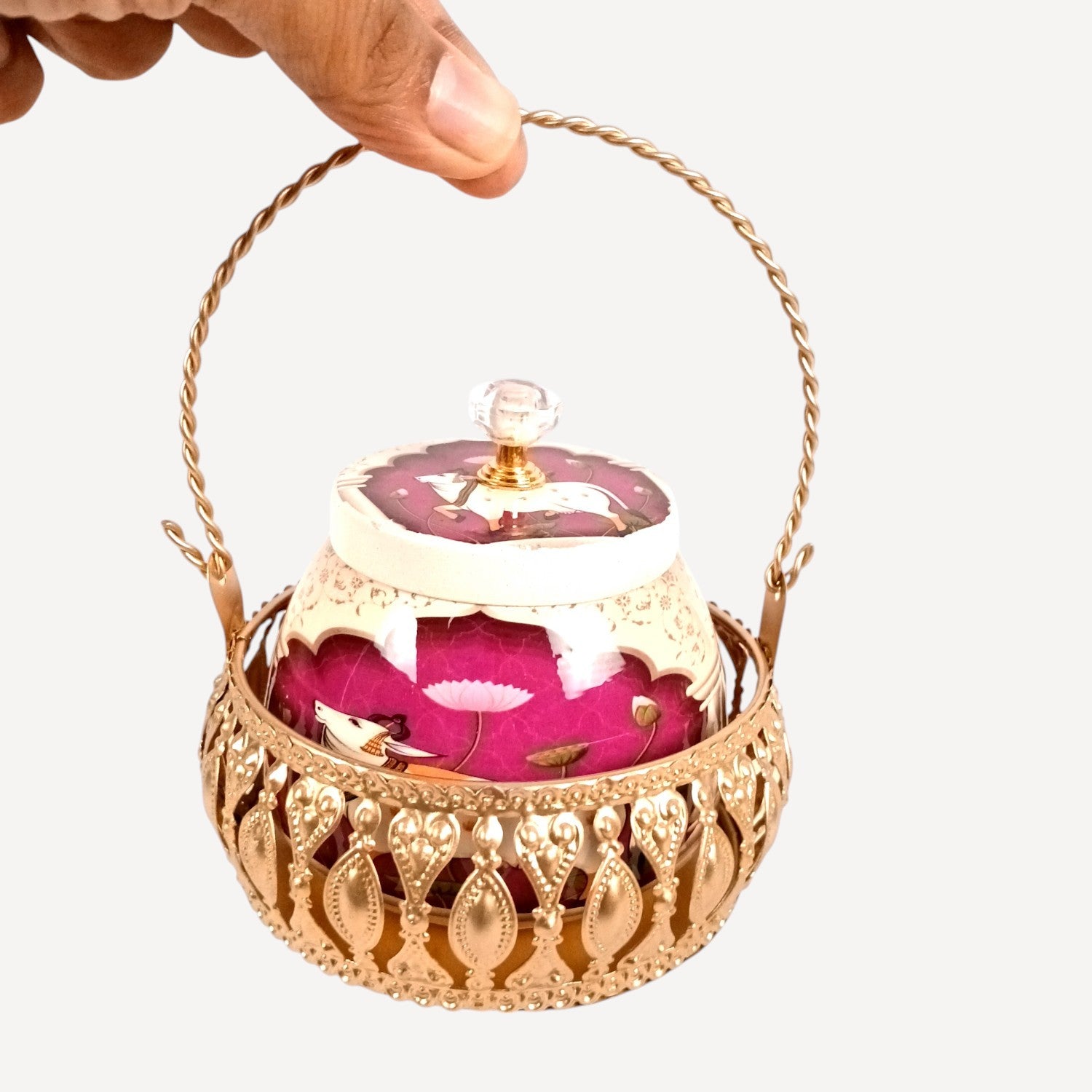 Pichvai Art Serving Bowl with Basket | Pichwai Art Handicraft Container | Decorative Showpiece Bowl for Home & Kitchen | Premium Diwali Gift - 6 Inch - Apkamart