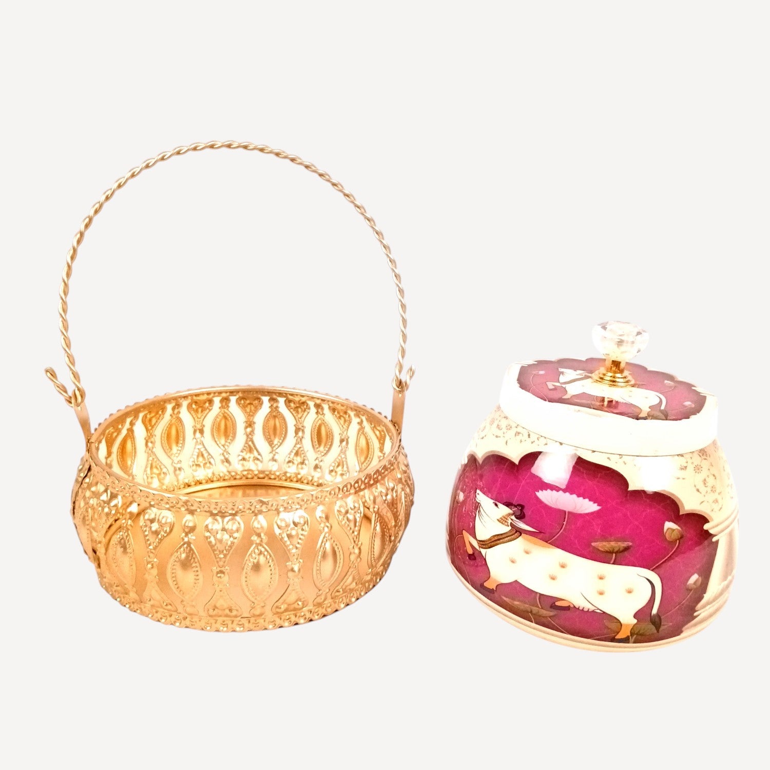 Pichvai Art Serving Bowl with Basket | Pichwai Art Handicraft Container | Decorative Showpiece Bowl for Home & Kitchen | Premium Diwali Gift - 6 Inch - Apkamart