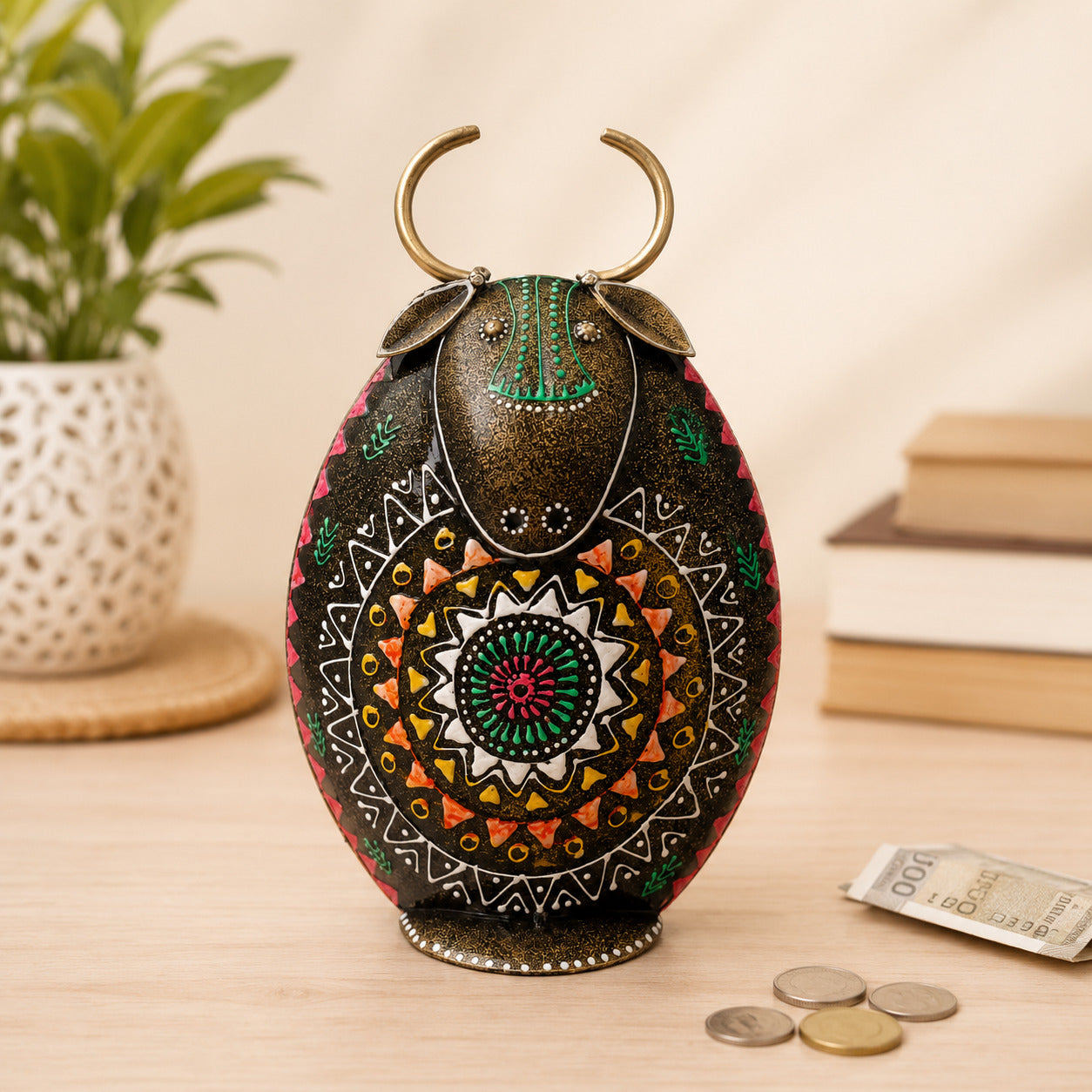 Cow Design Gullak Money Bank | Handcrafted Metal Piggy Bank - 9 Inch-Apkamart