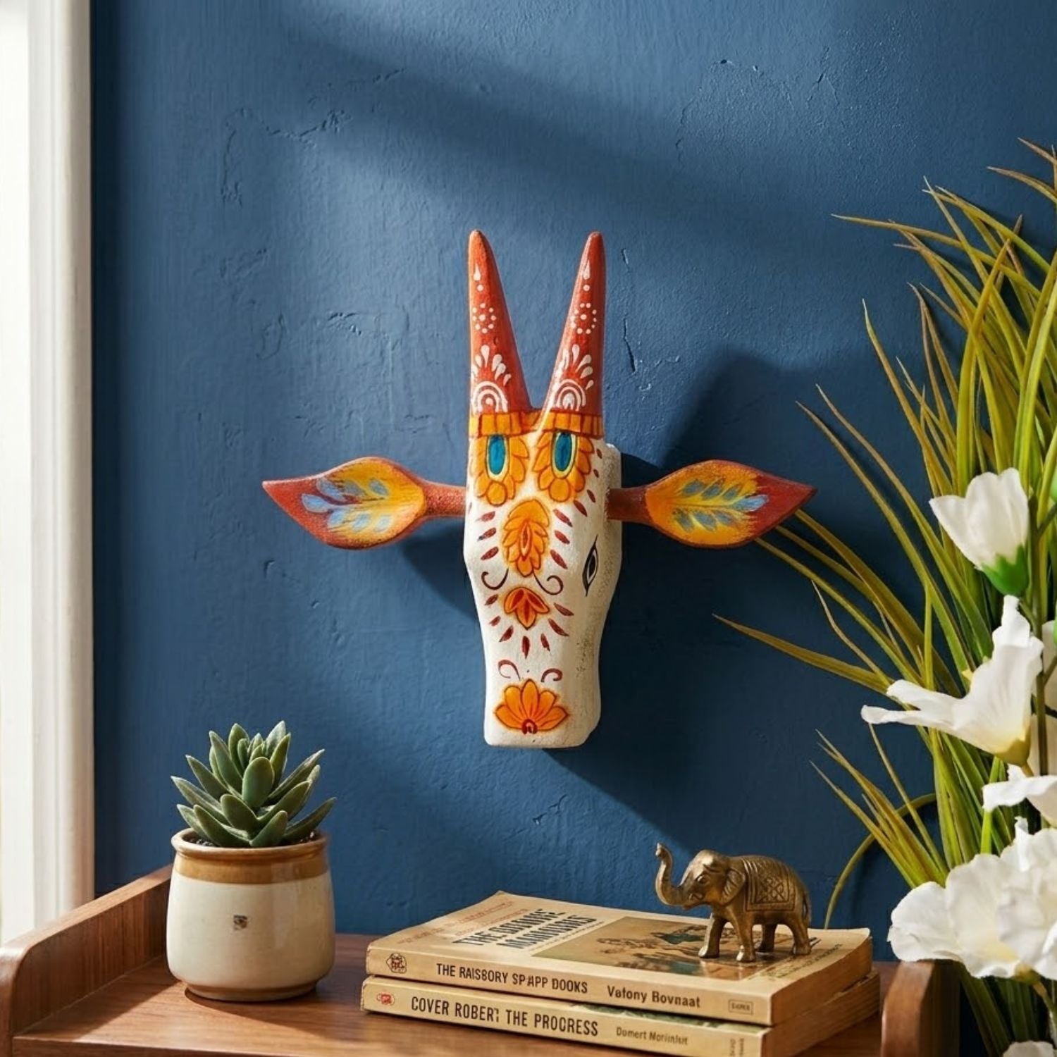 Cow Head Wall Hanging - White Wooden Decor Home - 6 Inch