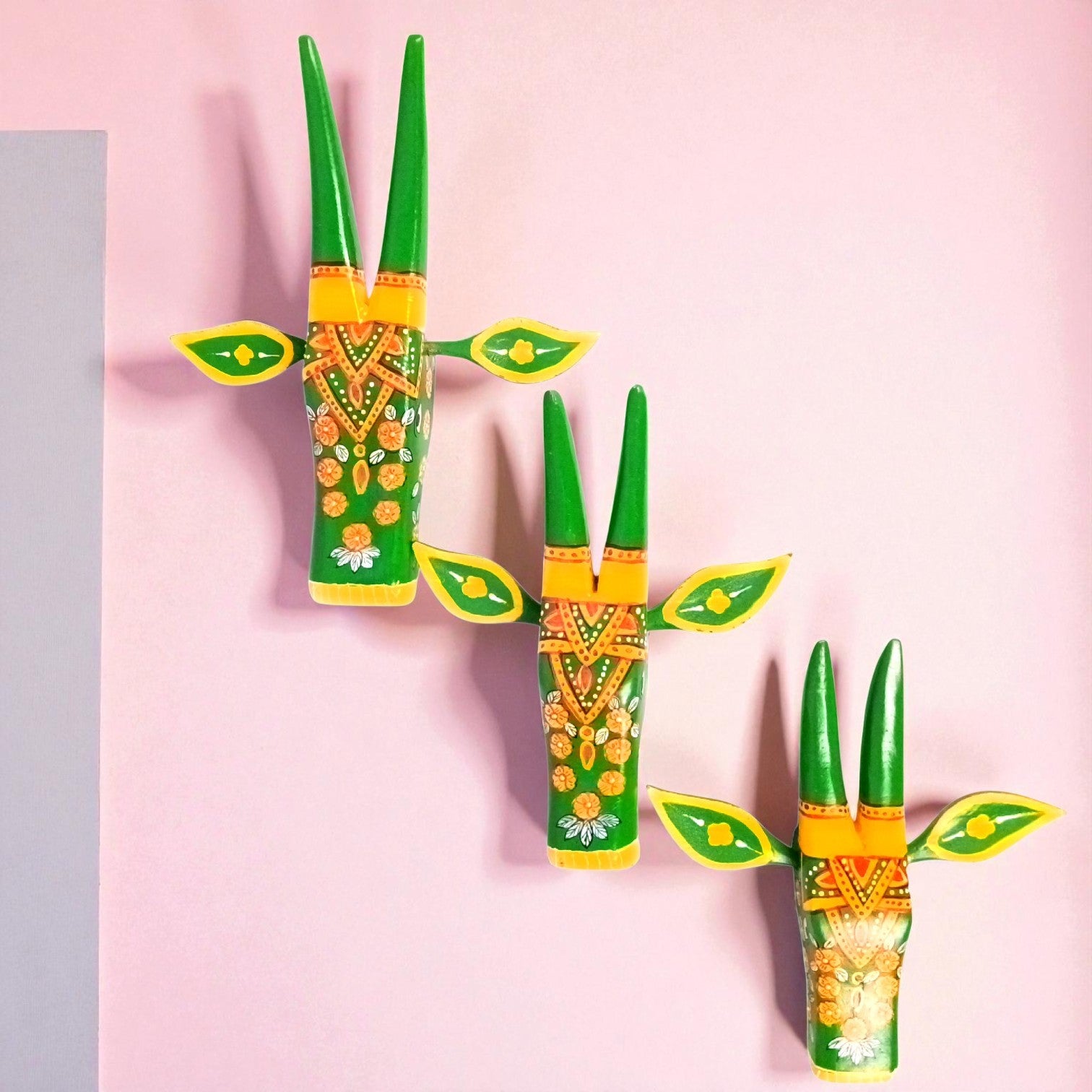 Cow Head Wall Hanging Set | Handcrafted Wall Decor | Traditional Vastu Wall Art for Happiness, Positivity & Home Decoration - 13 Inch (Set Of 3) - Apkamart