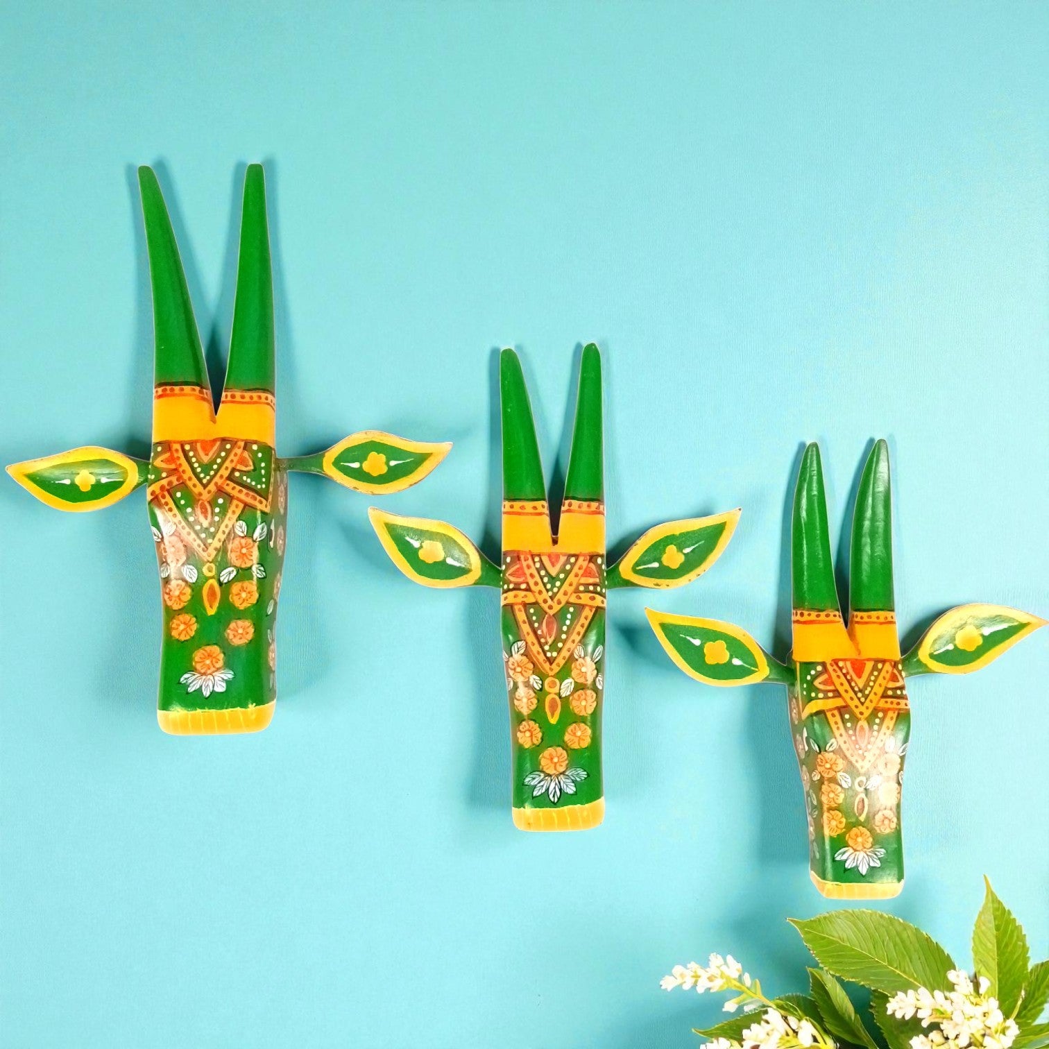 Cow Head Wall Hanging Set | Handcrafted Wall Decor | Traditional Vastu Wall Art for Happiness, Positivity & Home Decoration - 13 Inch (Set Of 3) - Apkamart