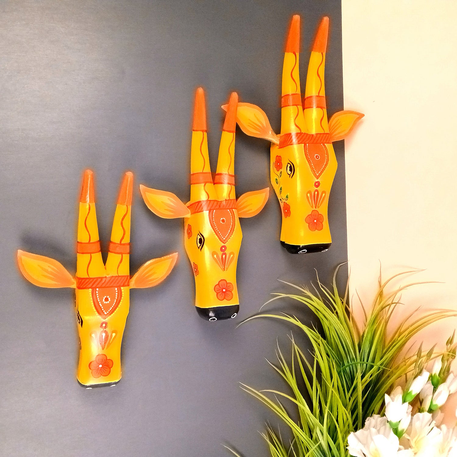 Wooden Cow Head Wall Hanging | Nandi Bull face Wall Decor - For Home, Living Room, Entrance, Puja Room & Gifts - 12 Inch (Pack of 3) - Apkamart #Colour_Yellow