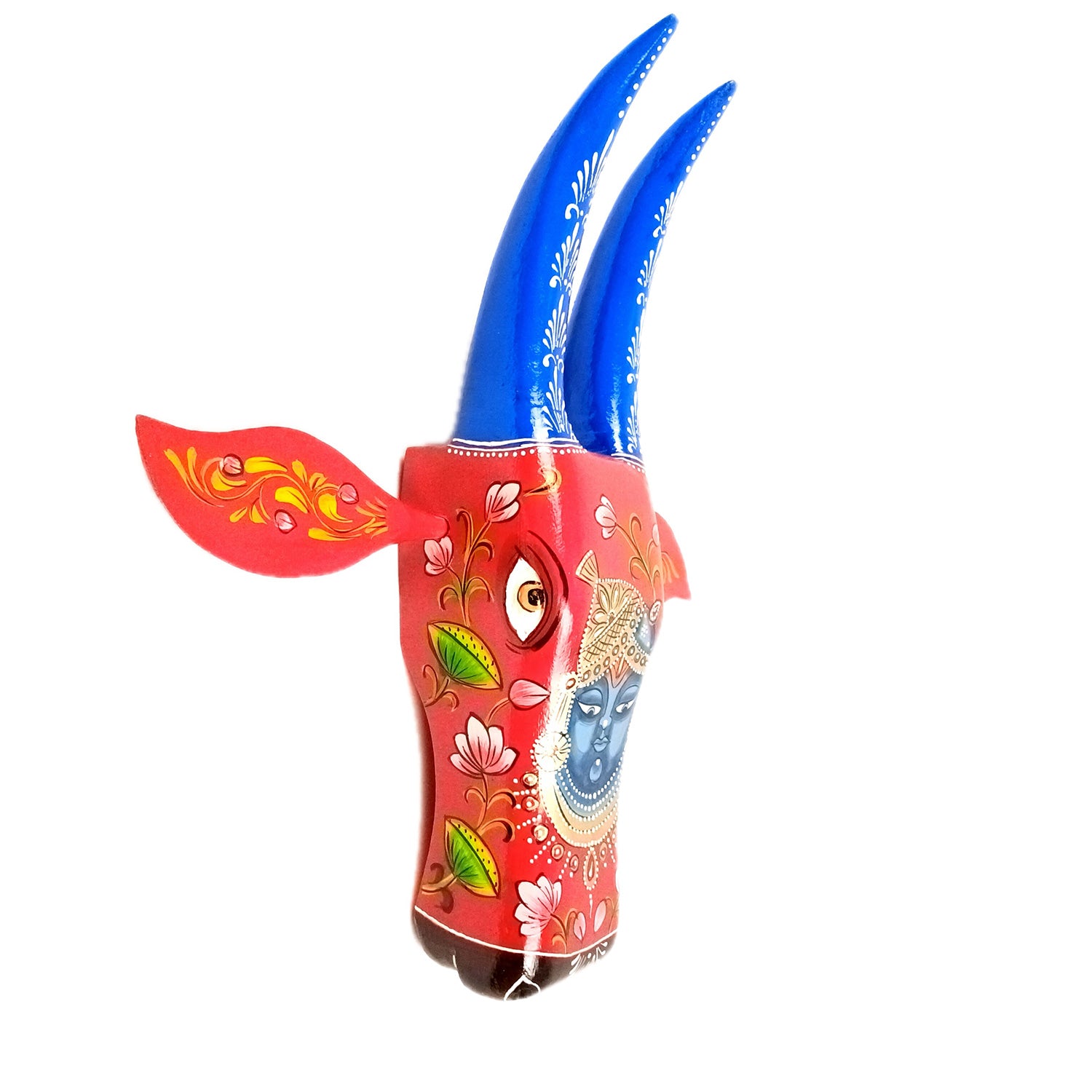 Wooden Cow Head With Shree Nath Ji Face Wall Hanging | Nandi Bull face With Detachable Ears Wall Decor - For Home, Living Room, Entrance, Puja Room & Gifts - Apkamart #Size_Big