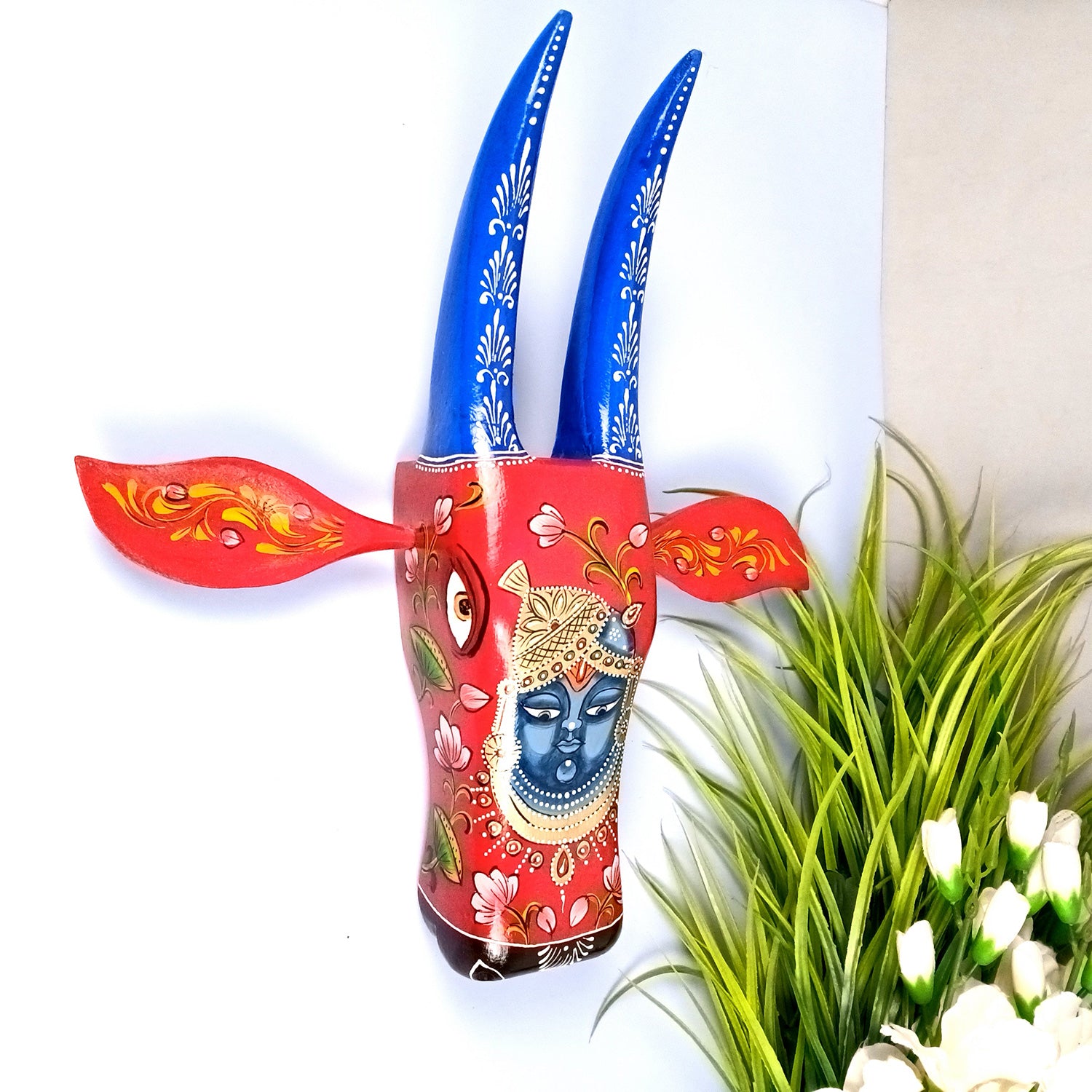 Wooden Cow Head With Shree Nath Ji Face Wall Hanging | Nandi Bull face With Detachable Ears Wall Decor - For Home, Living Room, Entrance, Puja Room & Gifts - Apkamart #Size_Big