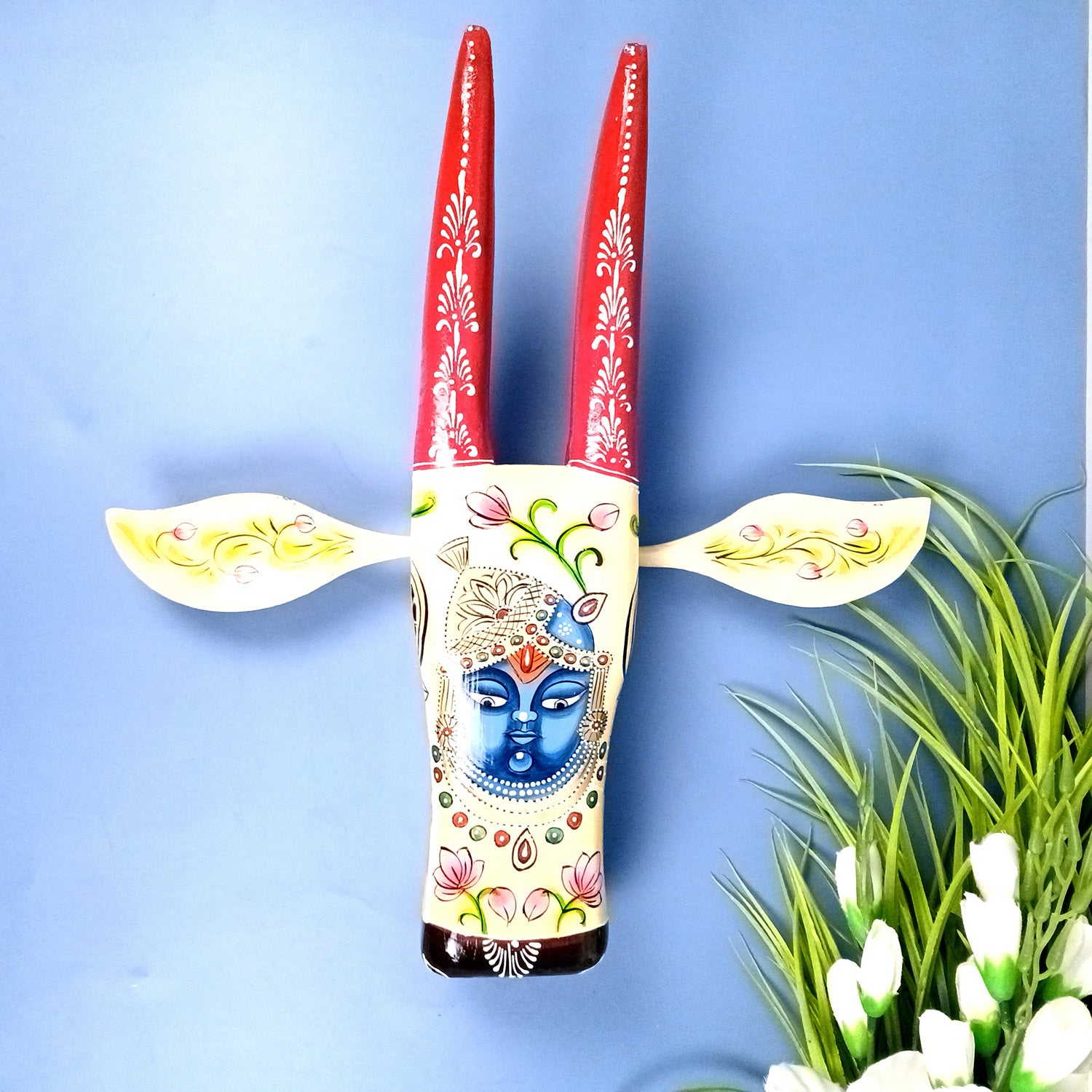 Wooden Cow Head With Shree Nath Ji Face Wall Hanging | Nandi Bull face With Detachable Ears Wall Decor - For Home, Living Room, Entrance, Puja Room & Gifts - Apkamart #Size_Big